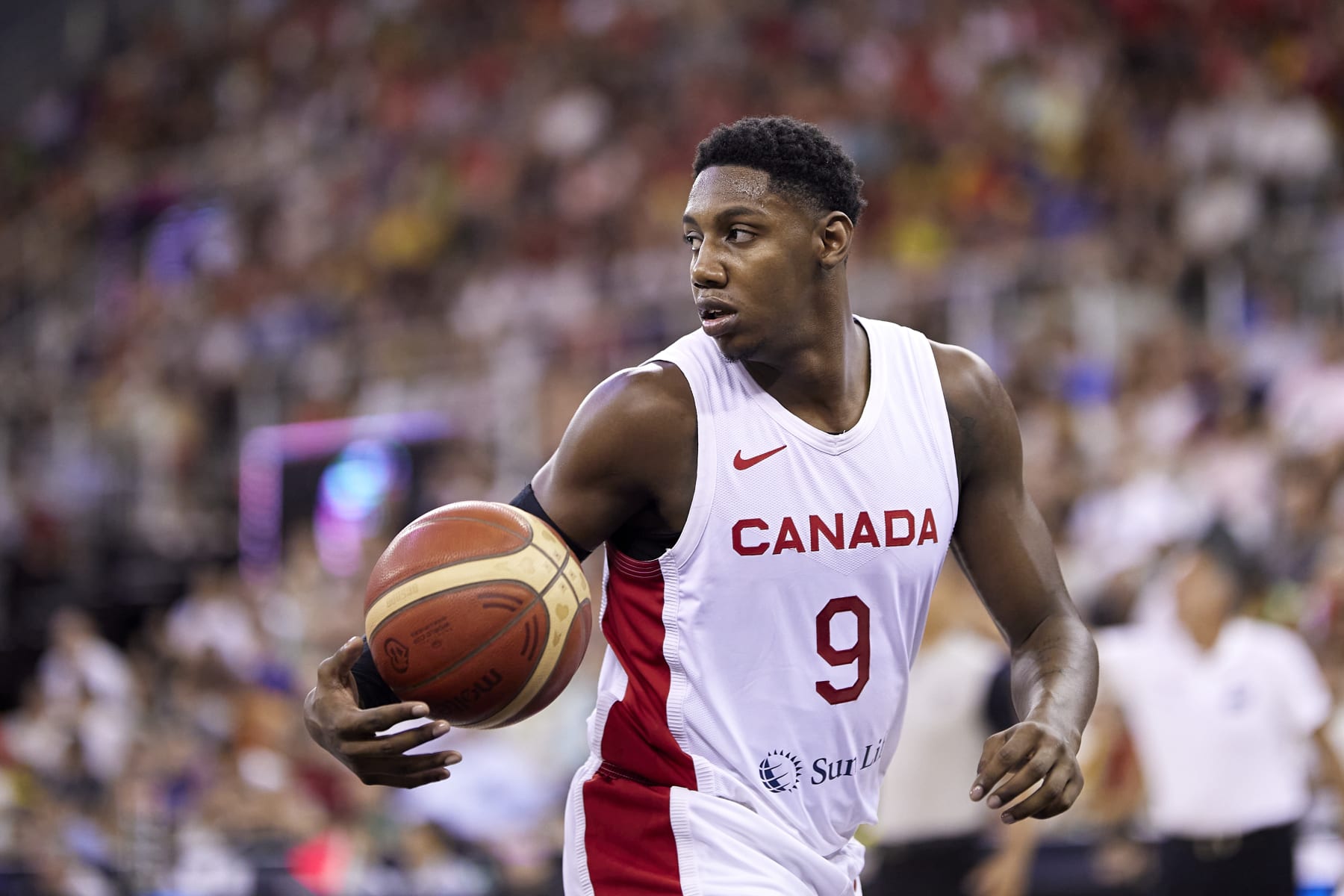 GRANADA, SPAIN - AUGUST 17: RJ Barret of the Canada Men's National Basketball Team in action during the Ciudad de Granada Trophy match between Spain and Canada at Palacio Municipal de Deportes de Granada on August 17, 2023 in Granada, Spain. (Photo by Fermin Rodriguez/Quality Sport Images/Getty Images)