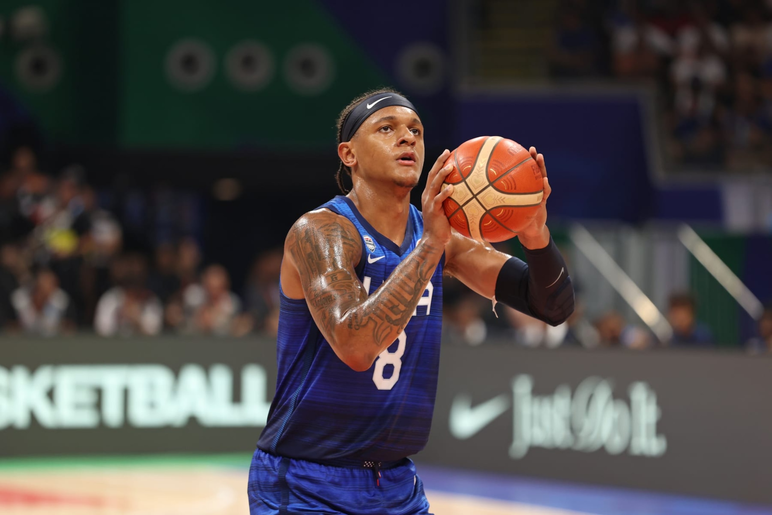 MANILA, PHILIPPINES - AUGUST 28: Paolo Banchero of the USA Men's Senior National Team shoots a foul shot against Greece as part of the 2023 FIBA World Cup on August 28, 2023 at Mall of Asia Arena in Manila, Philippines. NOTE TO USER: User expressly acknowledges and agrees that, by downloading and/or using this photograph, user is consenting to the terms and conditions of the Getty Images License Agreement. Mandatory Copyright Notice: Copyright 2023 NBAE (Photo by Stephen Gosling/NBAE via Getty Images)