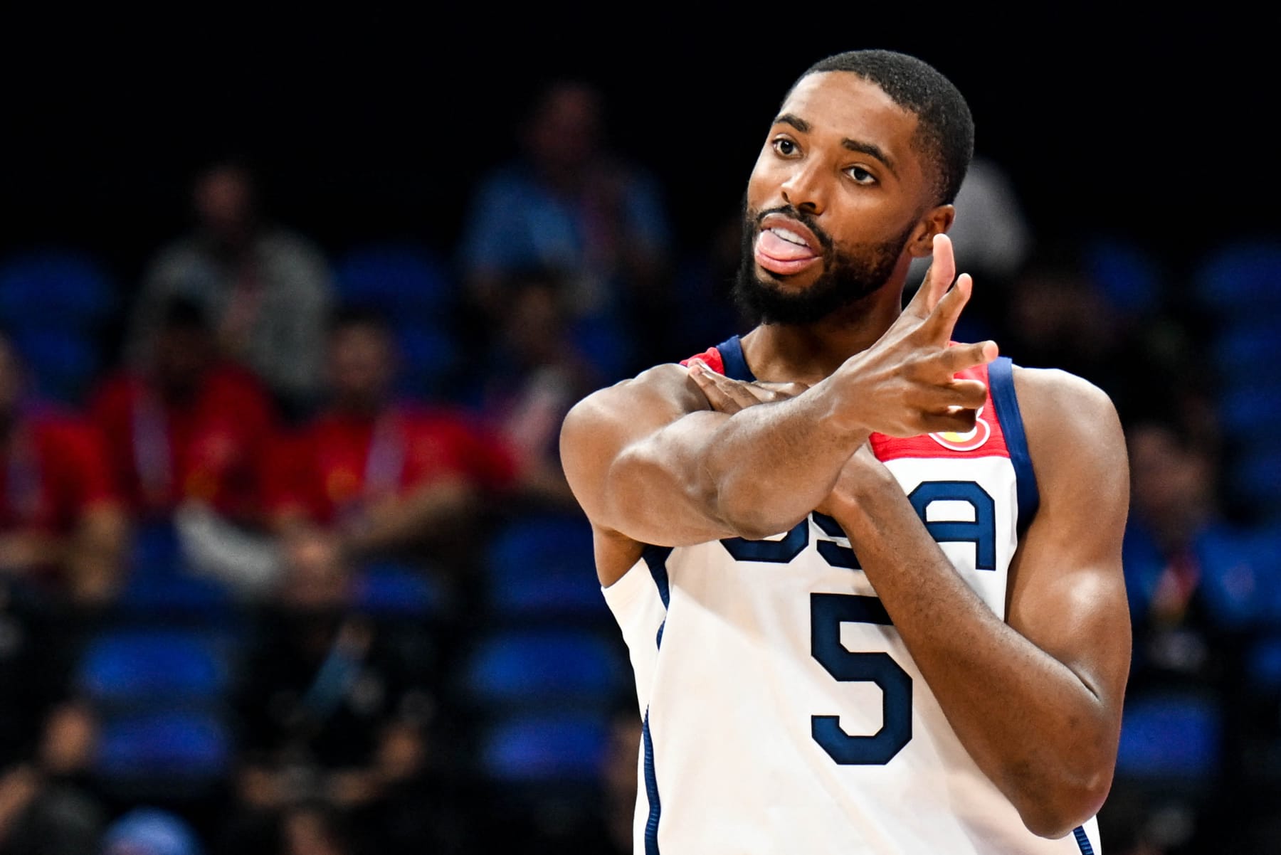 USA's Mikal Bridges gestures during the FIBA Basketball World Cup group C match between USA and Jordan at Mall of Asia Arena in Pasay, Metro Manila on August 30, 2023. (Photo by SHERWIN VARDELEON / AFP) (Photo by SHERWIN VARDELEON/AFP via Getty Images)