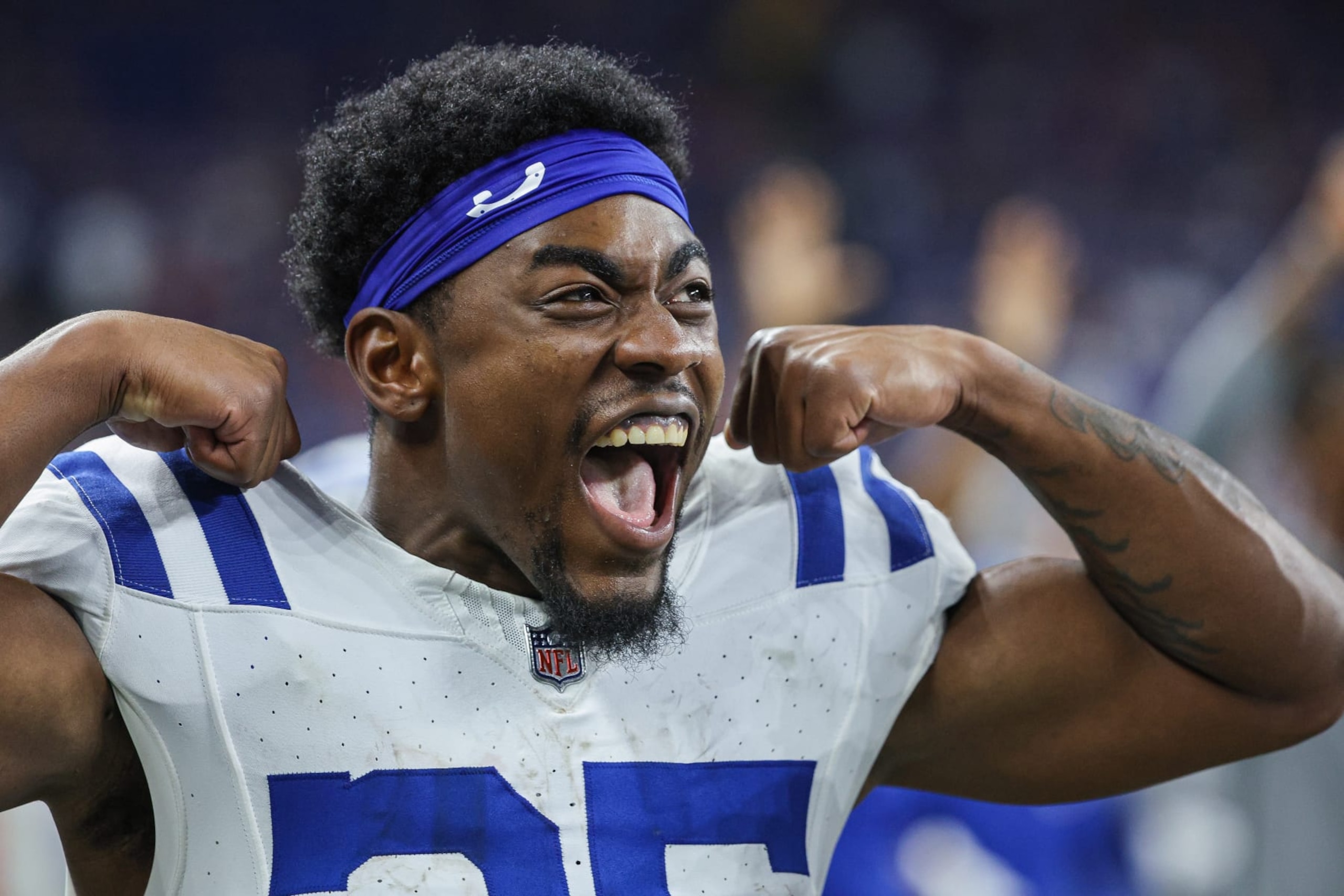INDIANAPOLIS, INDIANA - AUGUST 19: Deon Jackson #35 of the Indianapolis Colts reacts during the second half against the Chicago Bears at Lucas Oil Stadium on August 19, 2023 in Indianapolis, Indiana. (Photo by Michael Hickey/Getty Images)