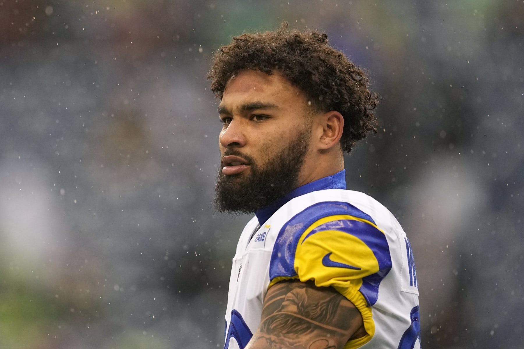 Los Angeles Rams running back Kyren Williams (23) stands on the field before an NFL football game against the Seattle Seahawks, Sunday, Jan. 8, 2023, in Seattle. (AP Photo/Abbie Parr)