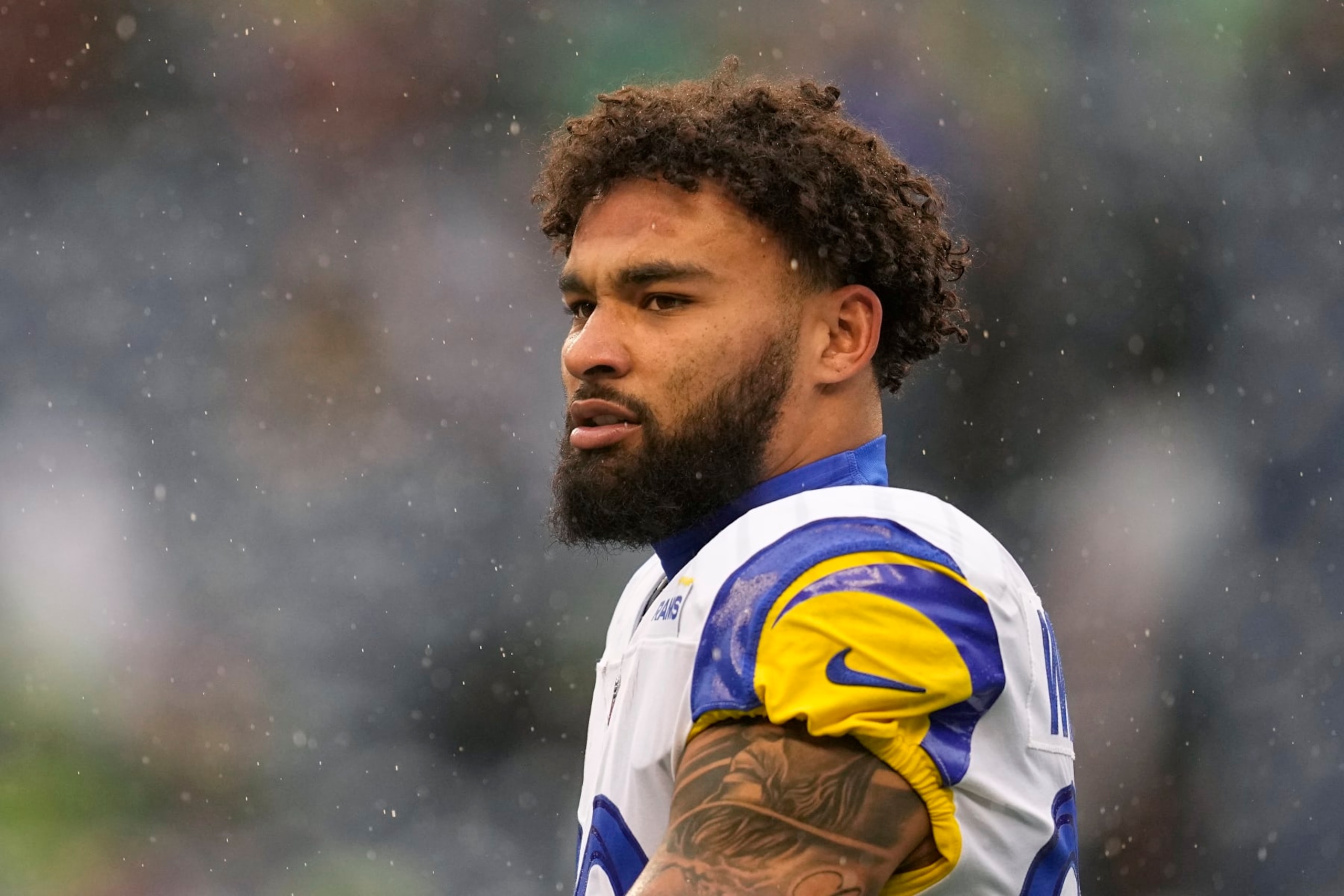 Los Angeles Rams running back Kyren Williams (23) stands on the field before an NFL football game against the Seattle Seahawks, Sunday, Jan. 8, 2023, in Seattle. (AP Photo/Abbie Parr)
