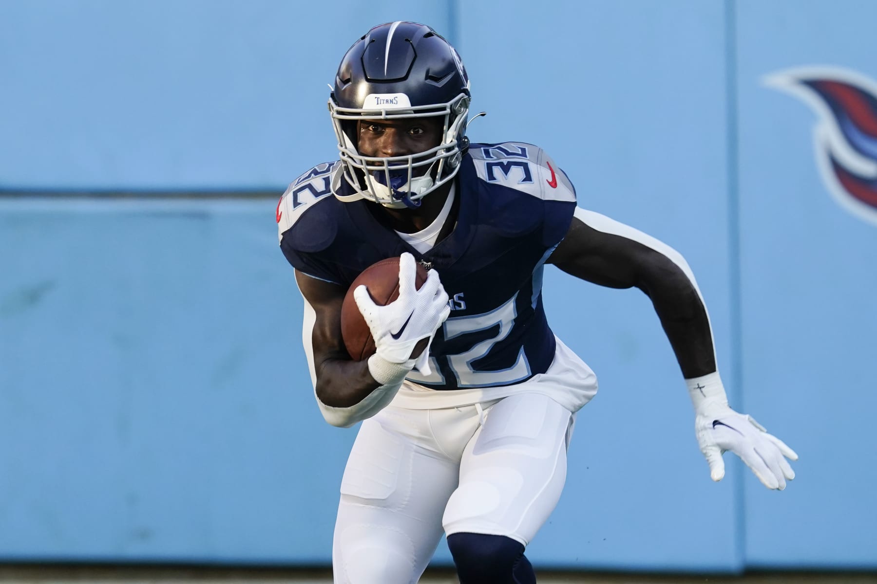 Tennessee Titans running back Tyjae Spears (32) warms up before an NFL preseason football game against the New England Patriots, Friday, Aug. 25, 2023, in Nashville, Tenn. (AP Photo/George Walker IV)