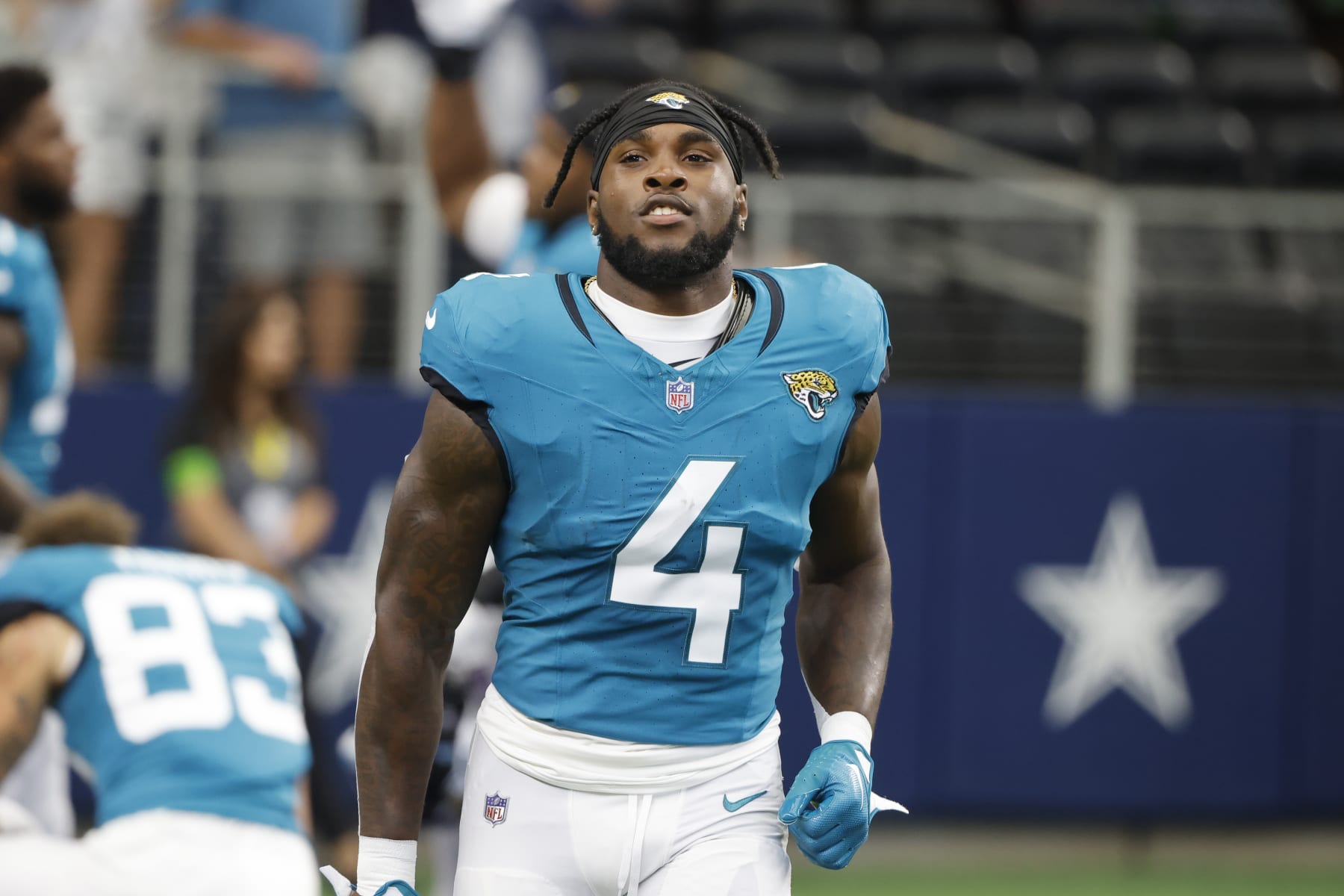 Jacksonville Jaguars running back Tank Bigsby (4) jogs on the field prior to an NFL Football game in Arlington, Texas, Saturday, August 12, 2023. (AP Photo/Michael Ainsworth)