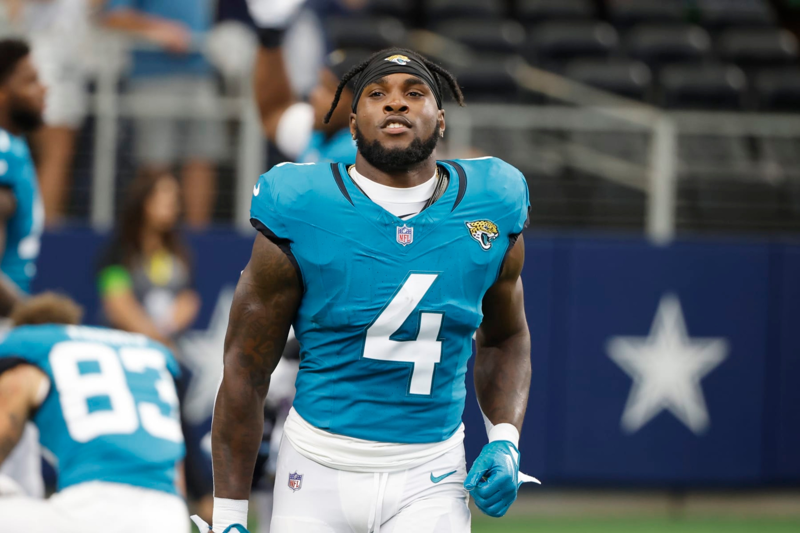 Jacksonville Jaguars running back Tank Bigsby (4) jogs on the field prior to an NFL Football game in Arlington, Texas, Saturday, August 12, 2023. (AP Photo/Michael Ainsworth)
