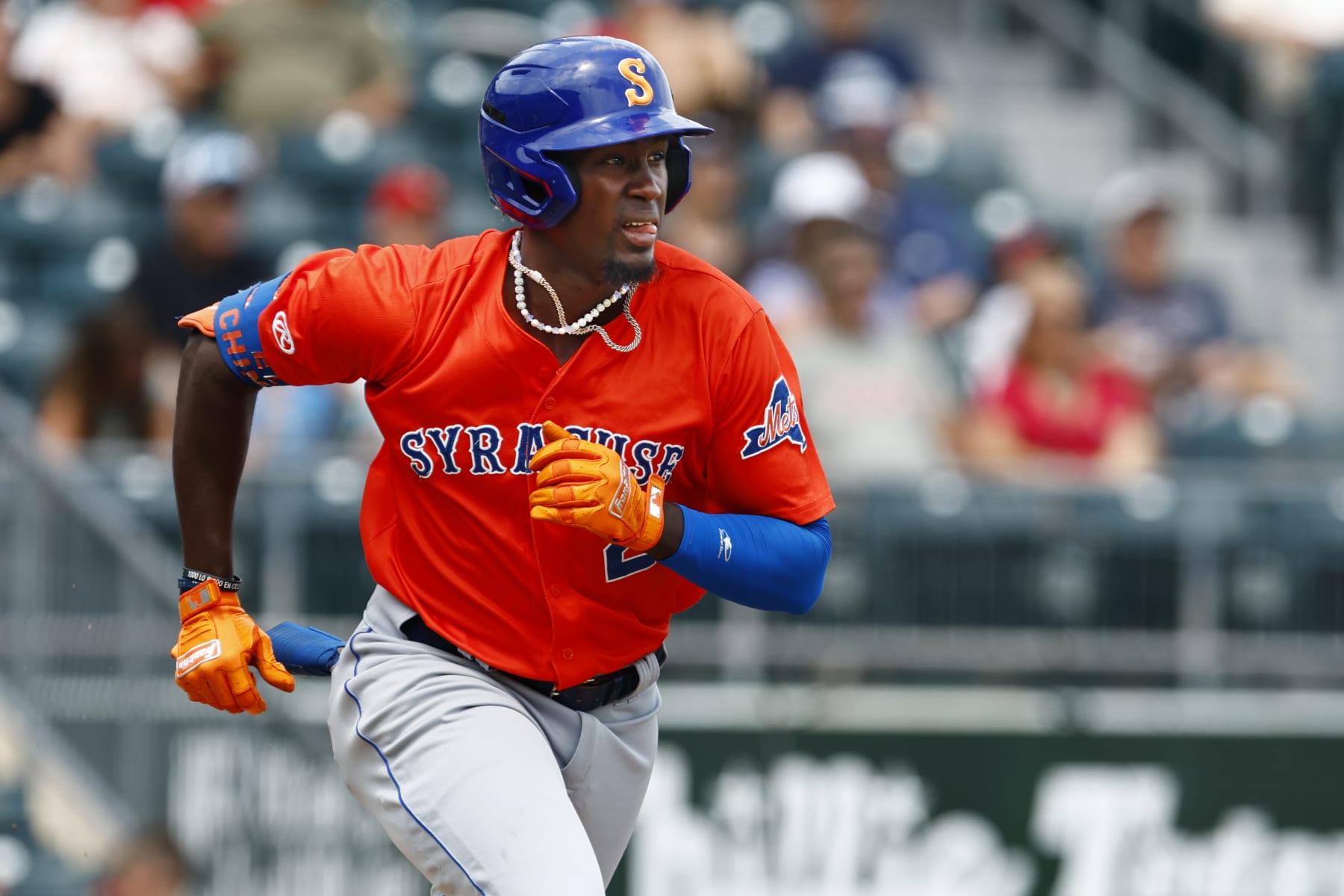 ALLENTOWN, PENNSYLVANIA - JULY 25: Ronny Mauricio #2 of the Syracuse Mets in action against the Lehigh Valley IronPigs during a game at Coca-Cola Park on July 25, 2023 in Allentown, Pennsylvania. (Photo by Rich Schultz/Getty Images)