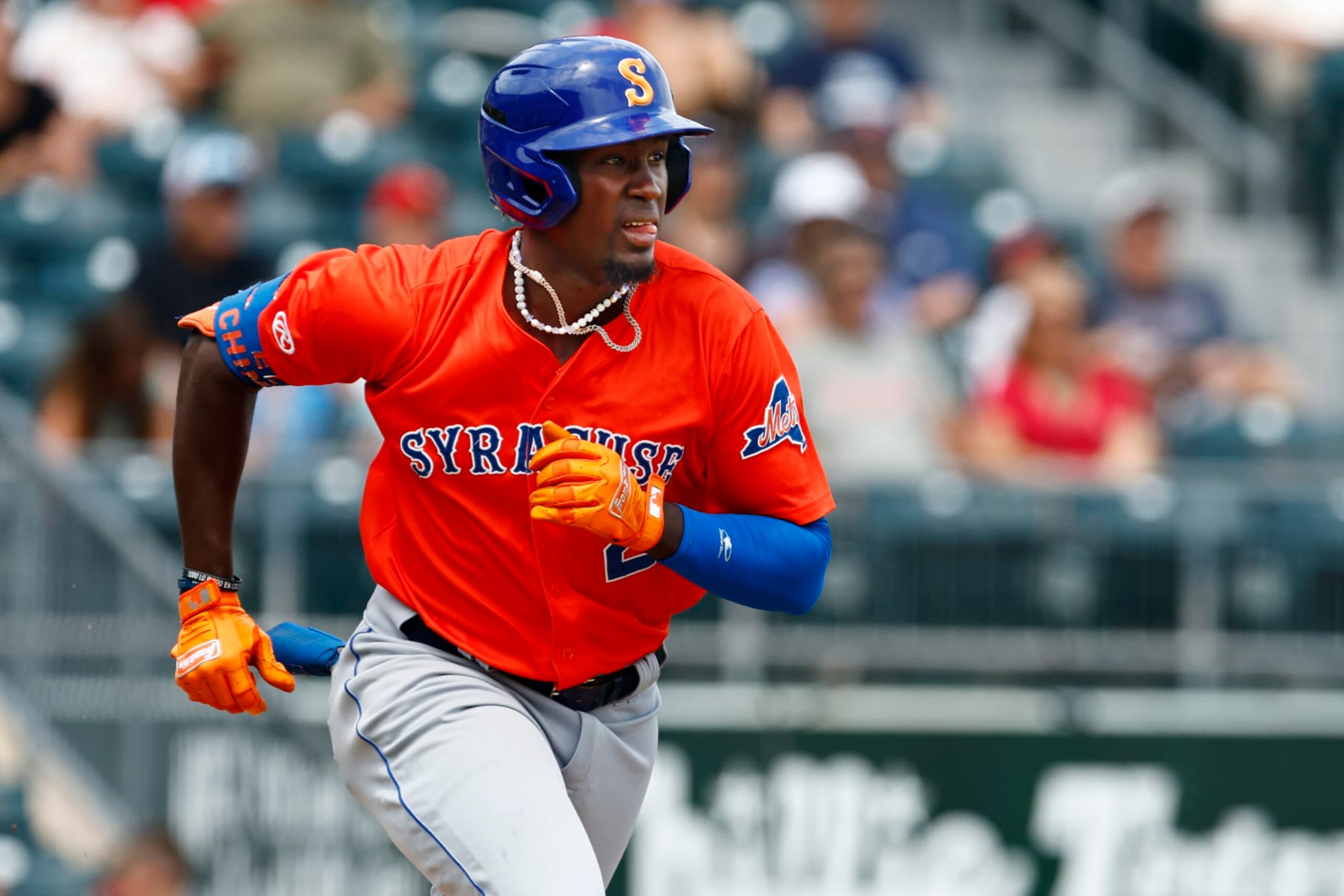 ALLENTOWN, PENNSYLVANIA - JULY 25: Ronny Mauricio #2 of the Syracuse Mets in action against the Lehigh Valley IronPigs during a game at Coca-Cola Park on July 25, 2023 in Allentown, Pennsylvania. (Photo by Rich Schultz/Getty Images)