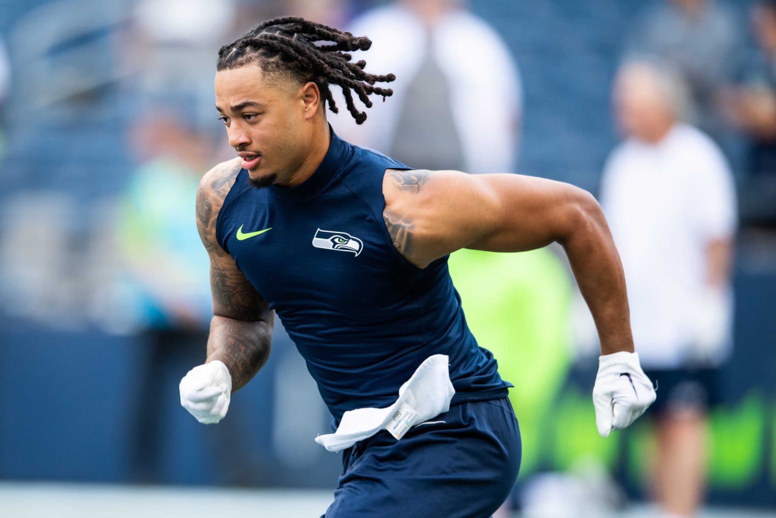 SEATTLE, WASHINGTON - AUGUST 10: Jaxon Smith-Njigba #11 of the Seattle Seahawks warms up before the preseason game against the Minnesota Vikings at Lumen Field on August 10, 2023 in Seattle, Washington. (Photo by Jane Gershovich/Getty Images)