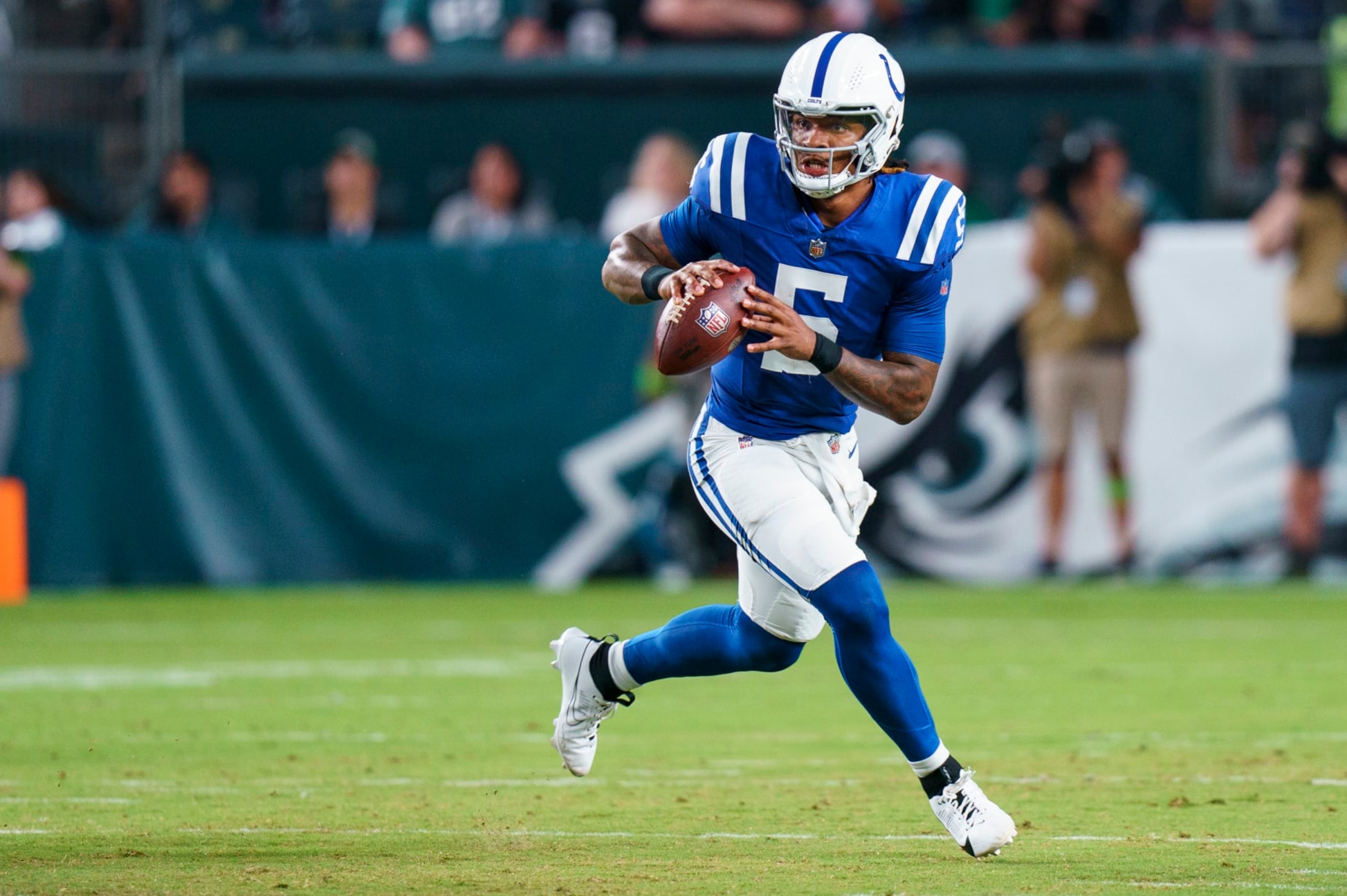 Indianapolis Colts quarterback Anthony Richardson (5) in action during the NFL preseason football game against the Philadelphia Eagles, Thursday, Aug. 24, 2023, in Philadelphia. (AP Photo/Chris Szagola)