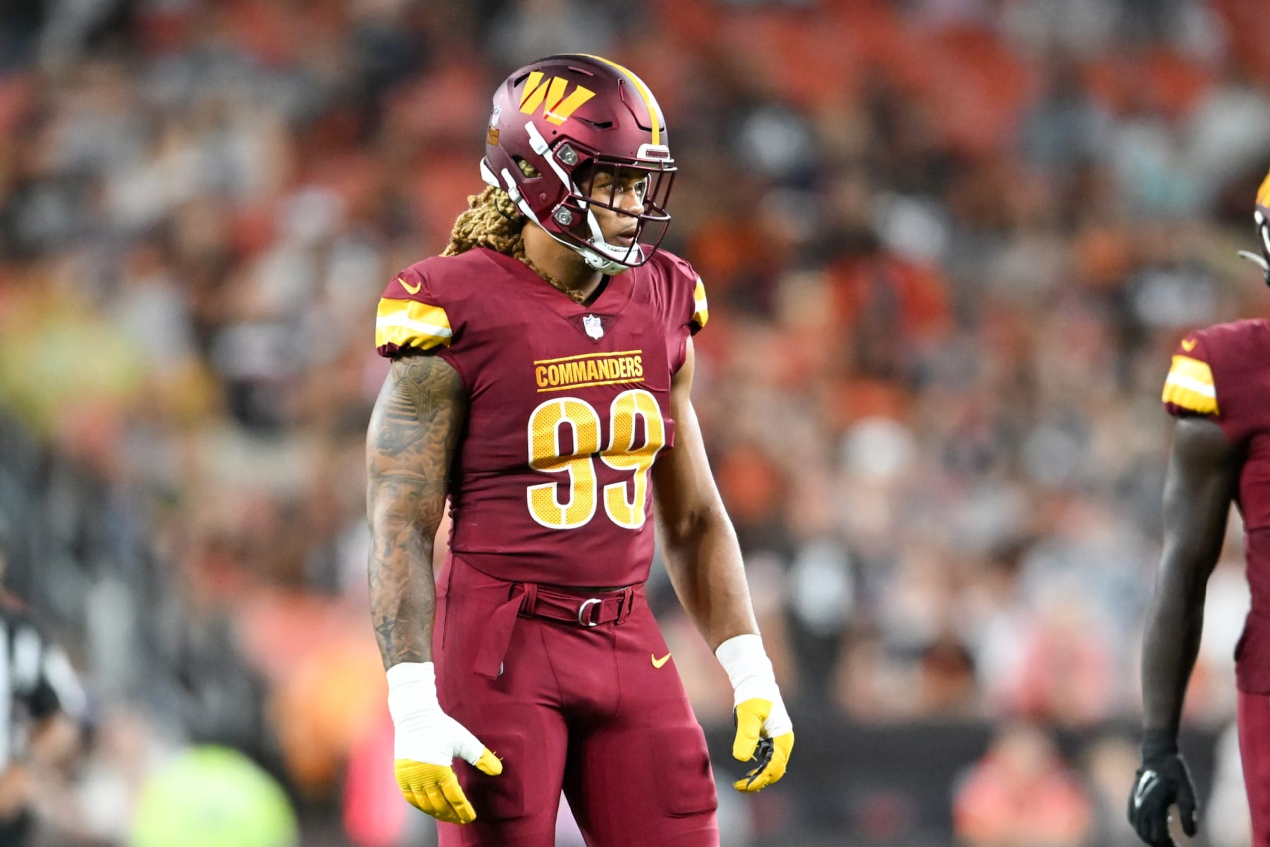 CLEVELAND, OHIO - AUGUST 11: Chase Young #99 of the Washington Commanders looks on during the first half of a preseason game against the Cleveland Browns at Cleveland Browns Stadium on August 11, 2023 in Cleveland, Ohio. (Photo by Nick Cammett/Diamond Images via Getty Images)