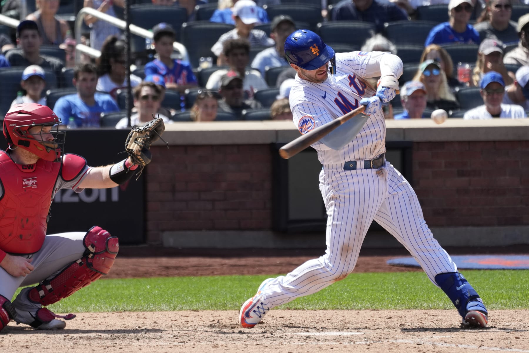 New York Mets' Pete Alonso hits a hits an RBI double during the eighth inning of a baseball game against the Los Angeles Angels, Sunday, Aug. 27, 2023, in New York. (AP Photo/Mary Altaffer) New York Mets' Pete Alonso hits a hits an RBI double during the eighth inning of a baseball game against the Los Angeles Angels, Sunday, Aug. 27, 2023, in New York. (AP Photo/Mary Altaffer)