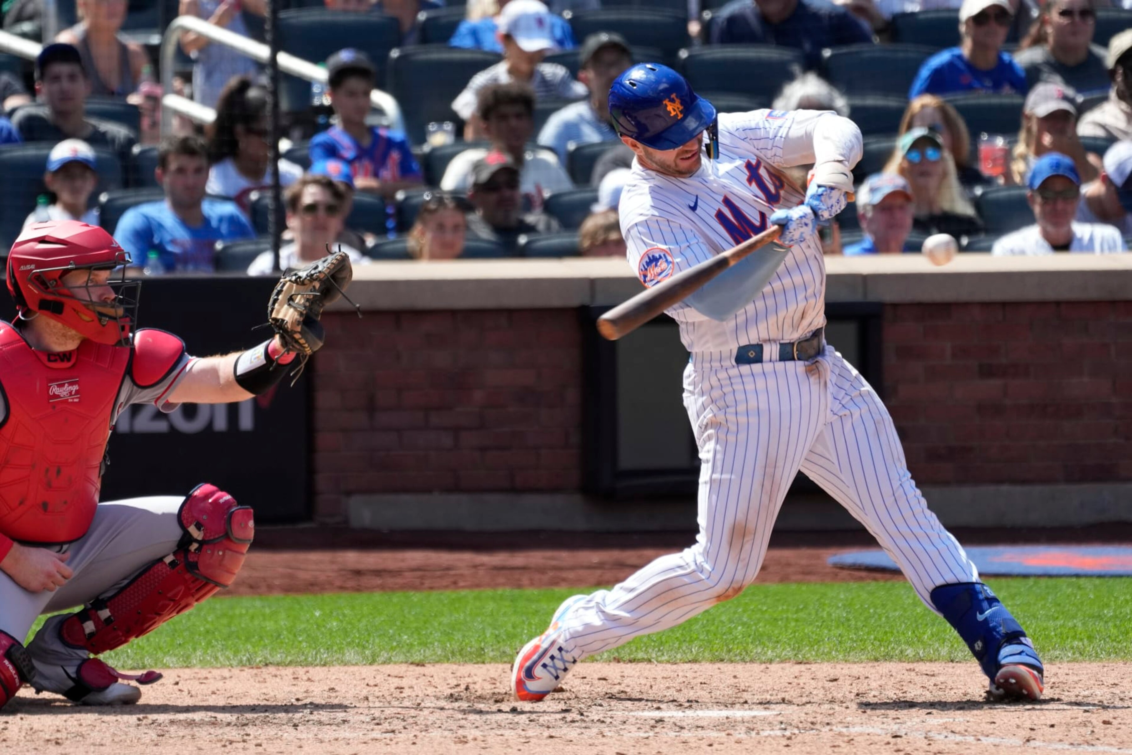 New York Mets' Pete Alonso hits a hits an RBI double during the eighth inning of a baseball game against the Los Angeles Angels, Sunday, Aug. 27, 2023, in New York. (AP Photo/Mary Altaffer) New York Mets' Pete Alonso hits a hits an RBI double during the eighth inning of a baseball game against the Los Angeles Angels, Sunday, Aug. 27, 2023, in New York. (AP Photo/Mary Altaffer)