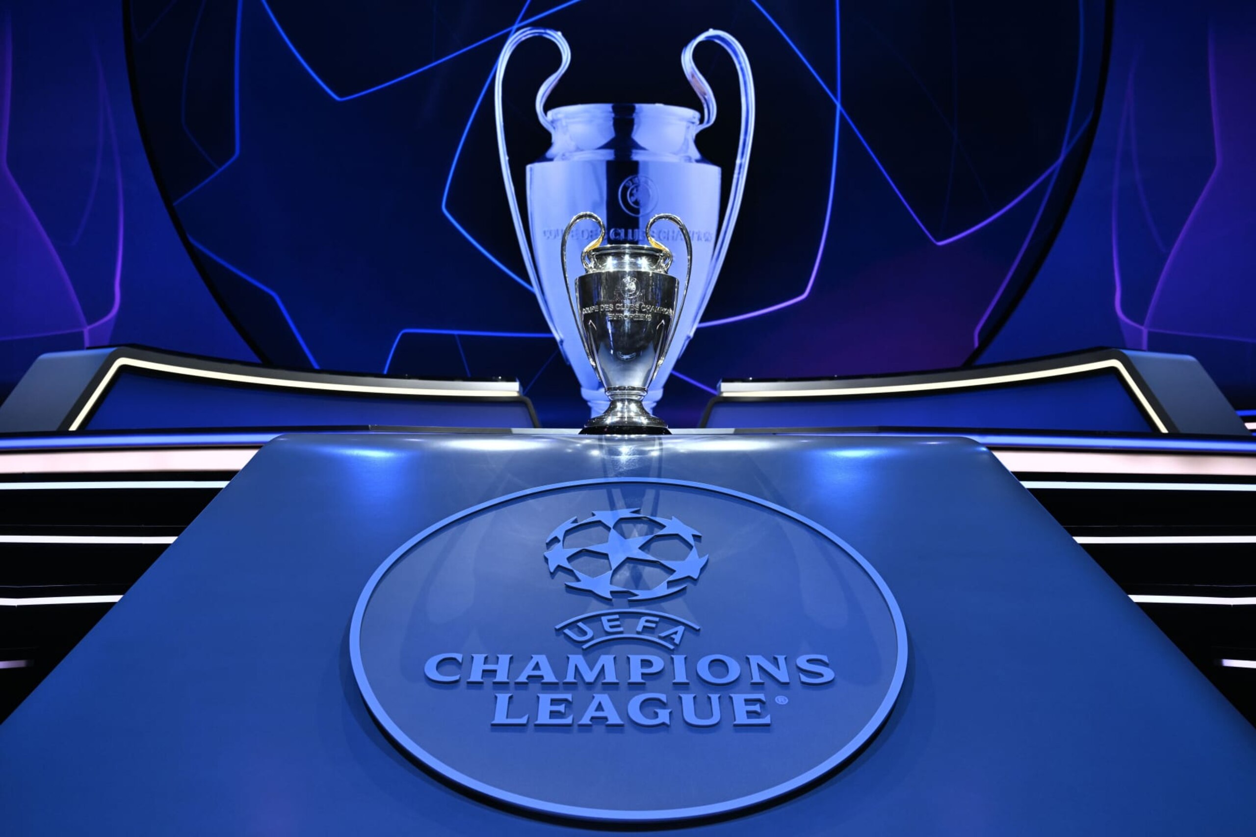 MONACO, MONACO - AUGUST 31: A detailed view of the UEFA Champions League trohpy on stage during the the UEFA Champions League 2023/24 Group Stage Draw at Grimaldi Forum on August 31, 2023 in Monaco, Monaco. (Photo by Kristian Skeie - UEFA/UEFA via Getty Images)