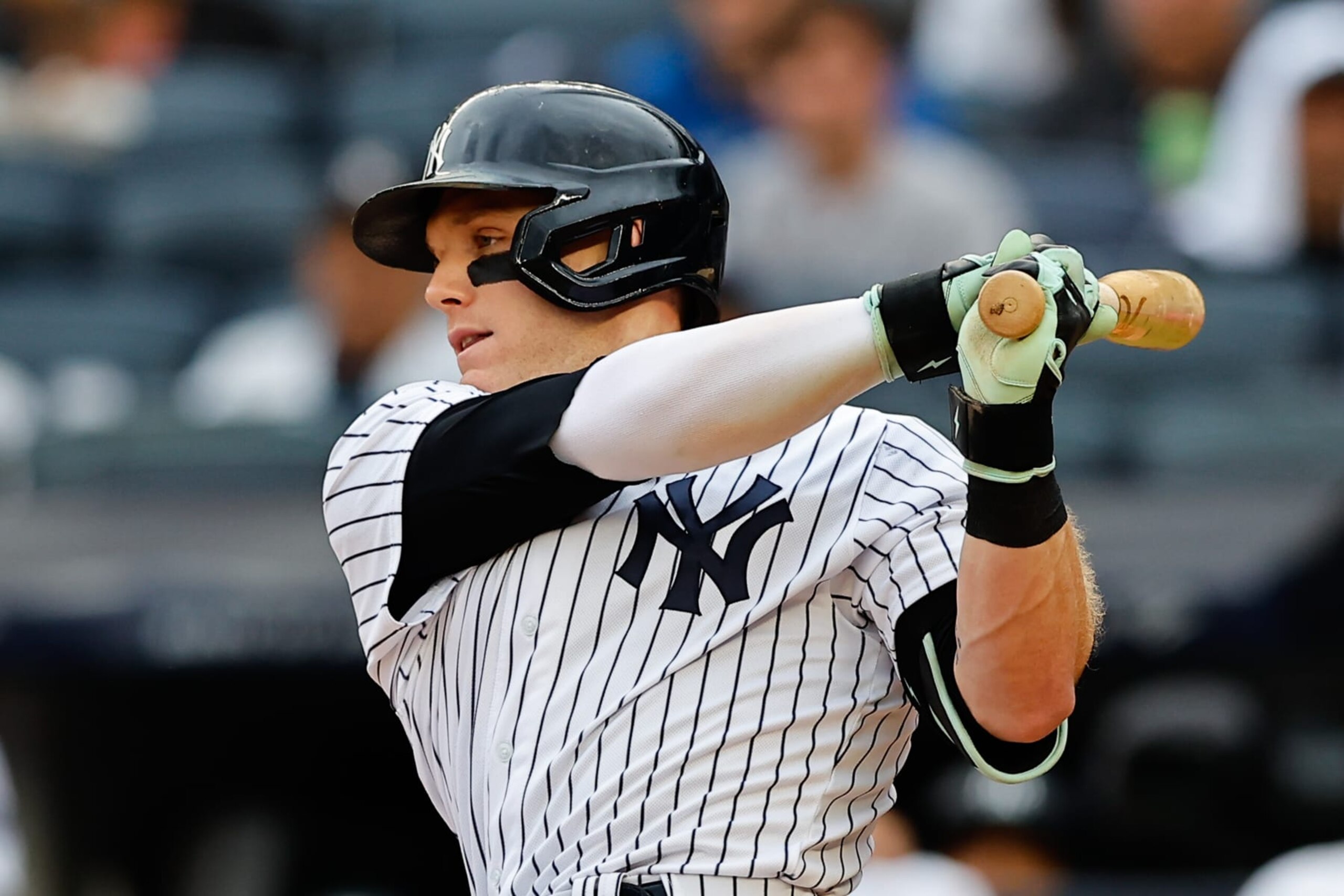 BRONX, NY - AUGUST 24:  Harrison Bader #22 of the New York Yankees at bat during the Major League Baseball game against the Washington Nationals on August 24, 2023 at Yankee Stadium in the Bronx, New York.  (Photo by Rich Graessle/Icon Sportswire via Getty Images)