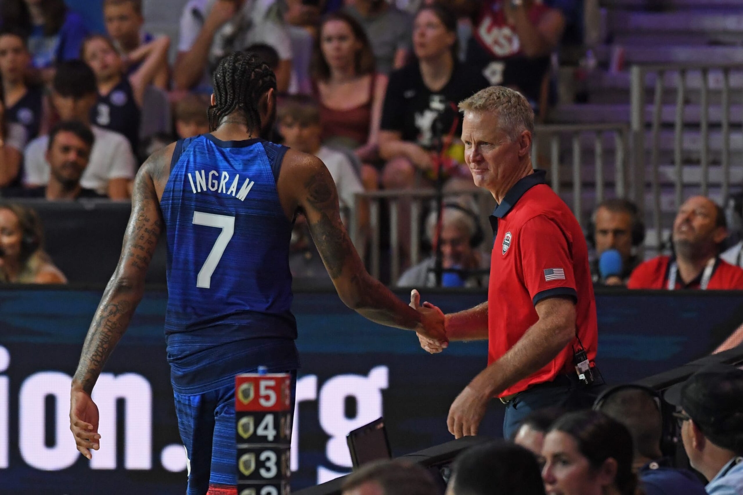 MALAGA, SPAIN - AUGUST 12: Brandon Ingram #7 and Steve Kerr Head Coach of the Senior Men's National Team during the 2023 FIBA World Cup exhibition game against the Slovenian National Team on August 12, 2023 at Palacio de Deportes Jose Maria Martin Carpena in Malaga, Spain. NOTE TO USER: User expressly acknowledges and agrees that, by downloading and/or using this Photograph, user is consenting to the terms and conditions of the Getty Images License Agreement. Mandatory Copyright Notice: Copyright 2023 NBAE (Photo by Juan Ocampo/NBAE via Getty Images)