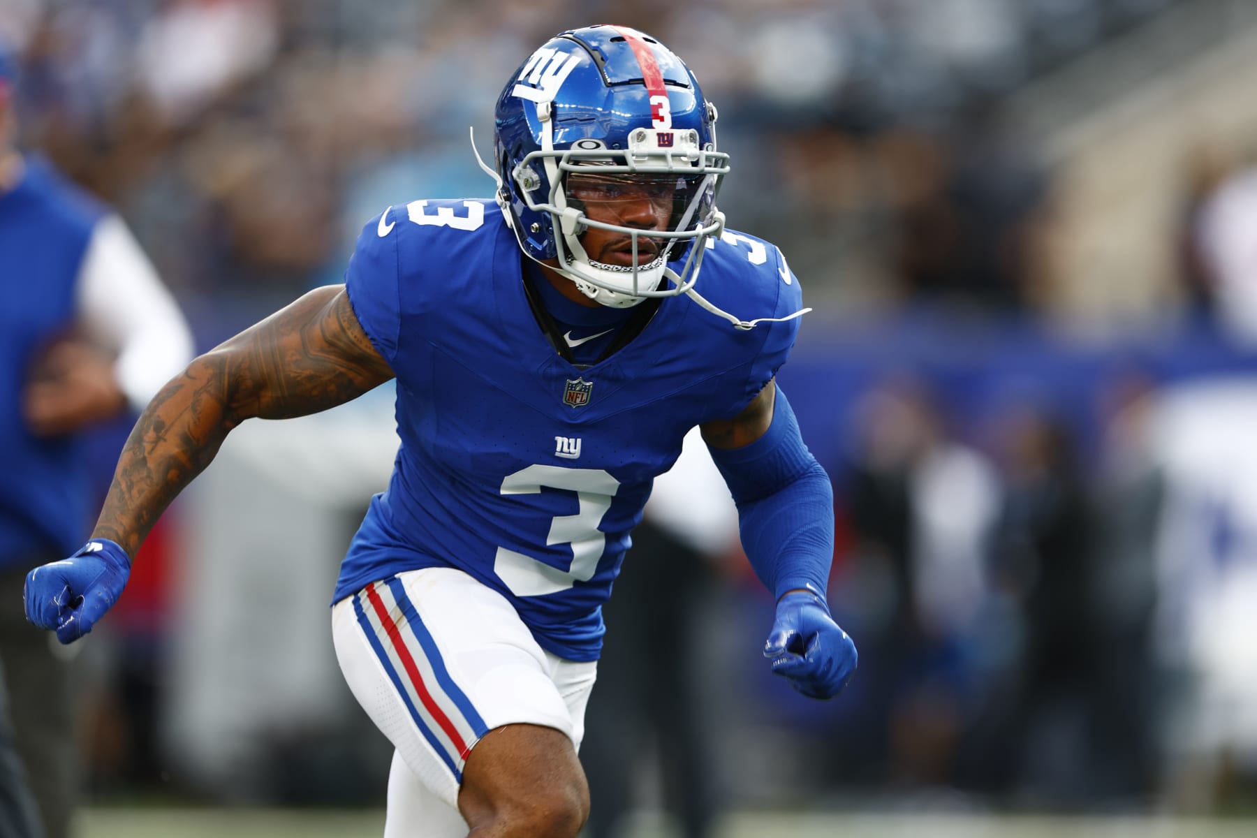 EAST RUTHERFORD, NEW JERSEY - AUGUST 18: Sterling Shepard #3 of the New York Giants during warm ups before a pre-season football game against the Carolina Panthers at MetLife Stadium on August 18, 2023 in East Rutherford, New Jersey. (Photo by Rich Schultz/Getty Images)