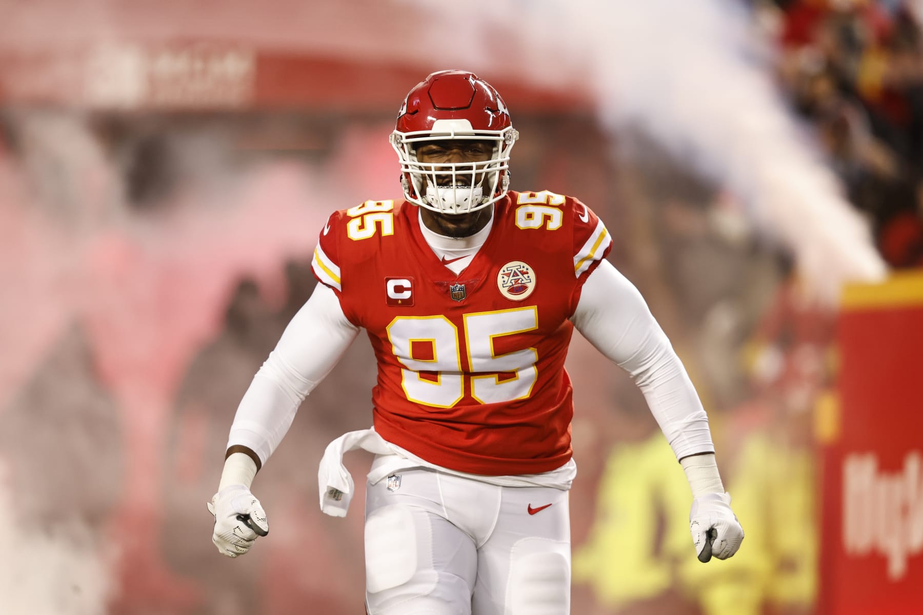 KANSAS CITY, MISSOURI - JANUARY 29: Chris Jones #95 of the Kansas City Chiefs reacts as he takes the field prior to the AFC Championship NFL football game between the Kansas City Chiefs and the Cincinnati Bengals at GEHA Field at Arrowhead Stadium on January 29, 2023 in Kansas City, Missouri. (Photo by Michael Owens/Getty Images)