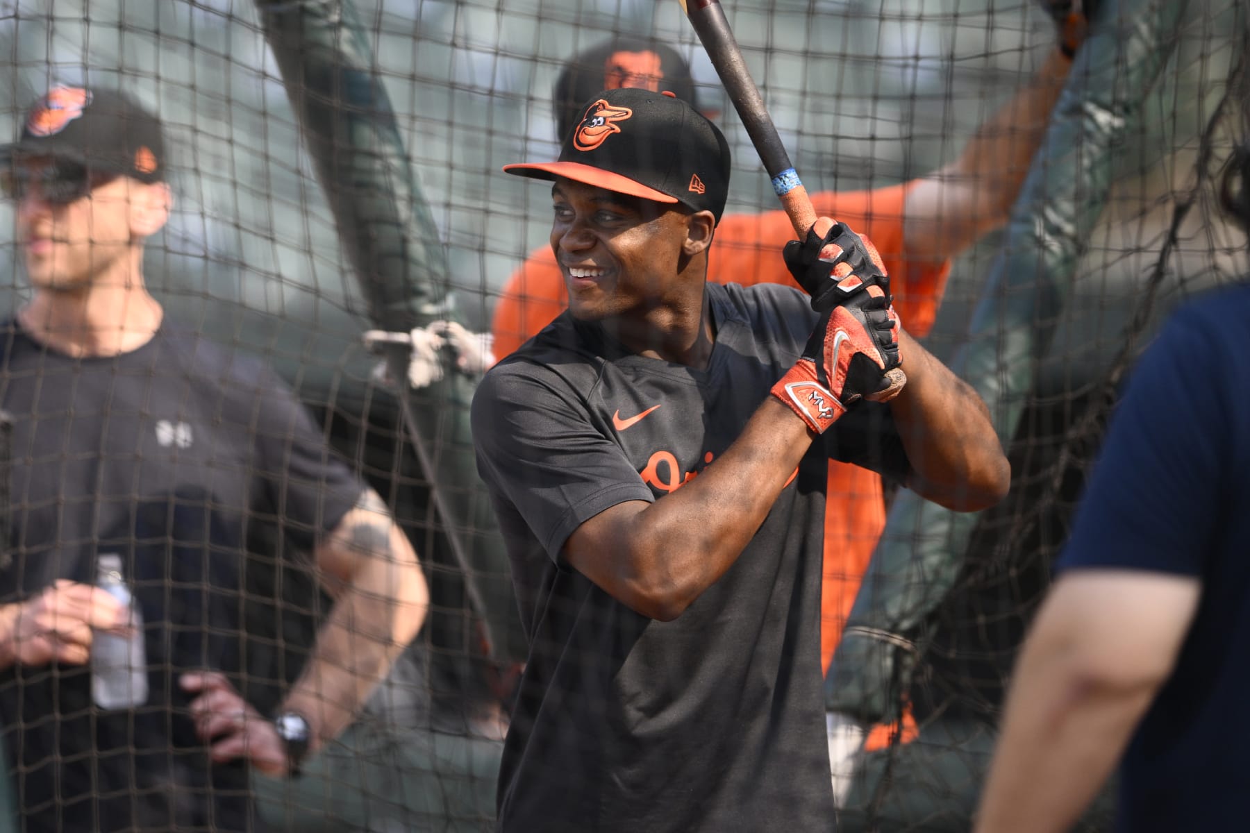 Baltimore Orioles first-round draft pick Enrique Bradfield Jr. at batting practice before a baseball game against the Los Angeles Dodgers, Tuesday, July 18, 2023, in Baltimore. (AP Photo/Nick Wass)
