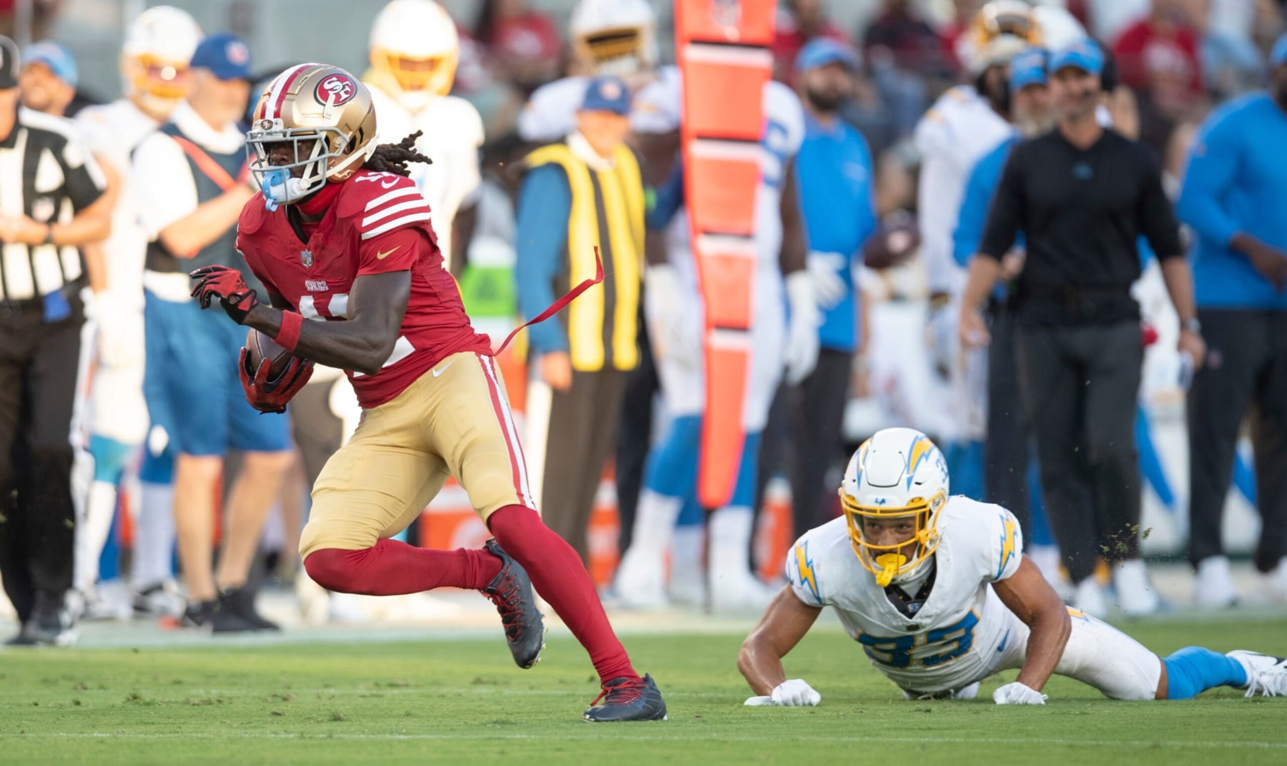 SANTA CLARA, CA - AUGUST 25: Brandon Aiyuk #11 of the San Francisco 49ers runs after making a catch during the game against the Los Angeles Chargers at Levi's Stadium on August 25, 2023 in Santa Clara, California. The Chargers defeated the 49ers 23-12. (Photo by Michael Zagaris/San Francisco 49ers/Getty Images) SANTA CLARA, CA - AUGUST 25: Brandon Aiyuk #11 of the San Francisco 49ers runs after making a catch during the game against the Los Angeles Chargers at Levi's Stadium on August 25, 2023 in Santa Clara, California. The Chargers defeated the 49ers 23-12. (Photo by Michael Zagaris/San Francisco 49ers/Getty Images)