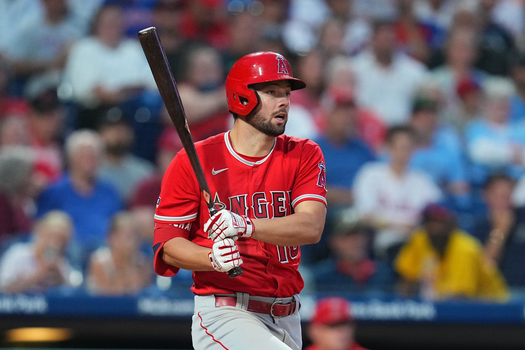 PHILADELPHIA, PENNSYLVANIA - AUGUST 28: Nolan Schanuel #18 of the Los Angeles Angels bats against the Philadelphia Phillies at Citizens Bank Park on August 28, 2023 in Philadelphia, Pennsylvania. The Phillies defeated the Angels 6-4. (Photo by Mitchell Leff/Getty Images)