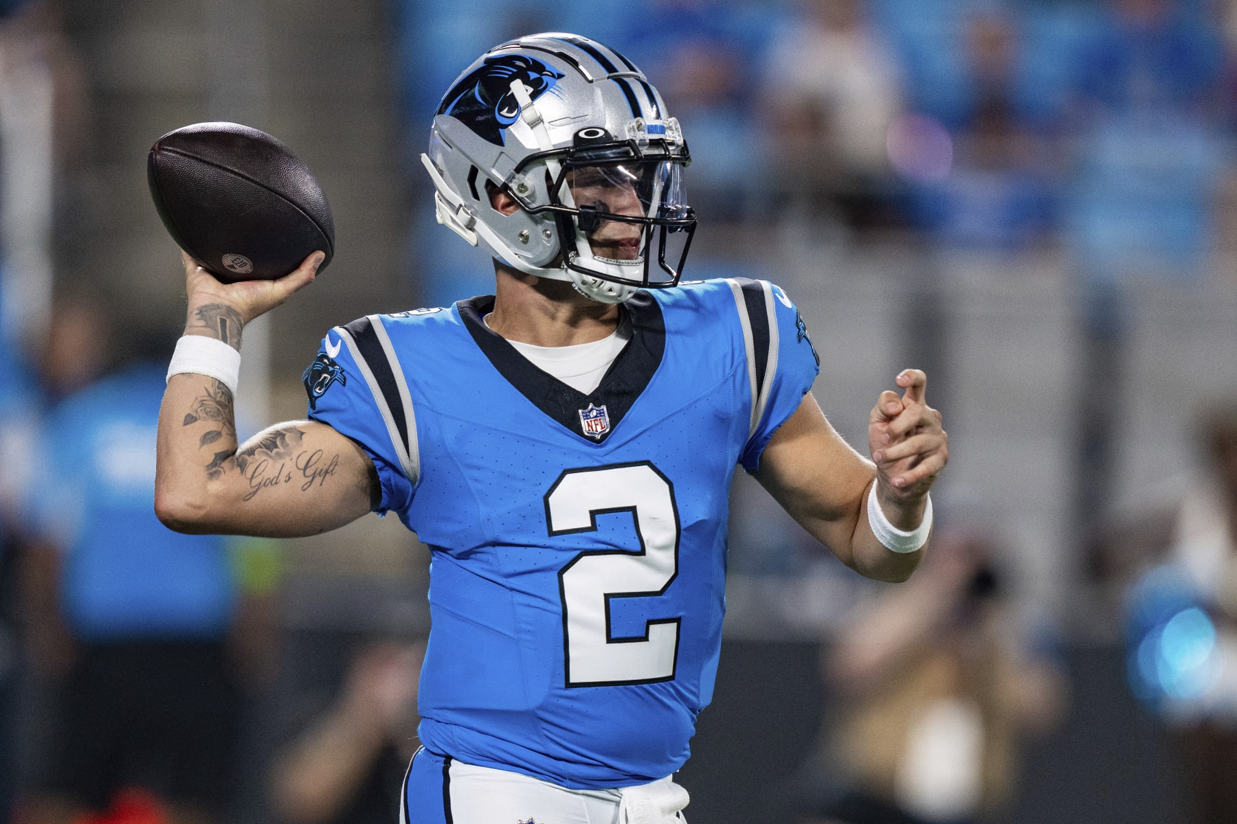 Carolina Panthers quarterback Matt Corral (2) passes the ball against the Detroit Lions during a preseason NFL football game Friday, Aug. 25, 2023, in Charlotte, N.C. (AP Photo/Jacob Kupferman)