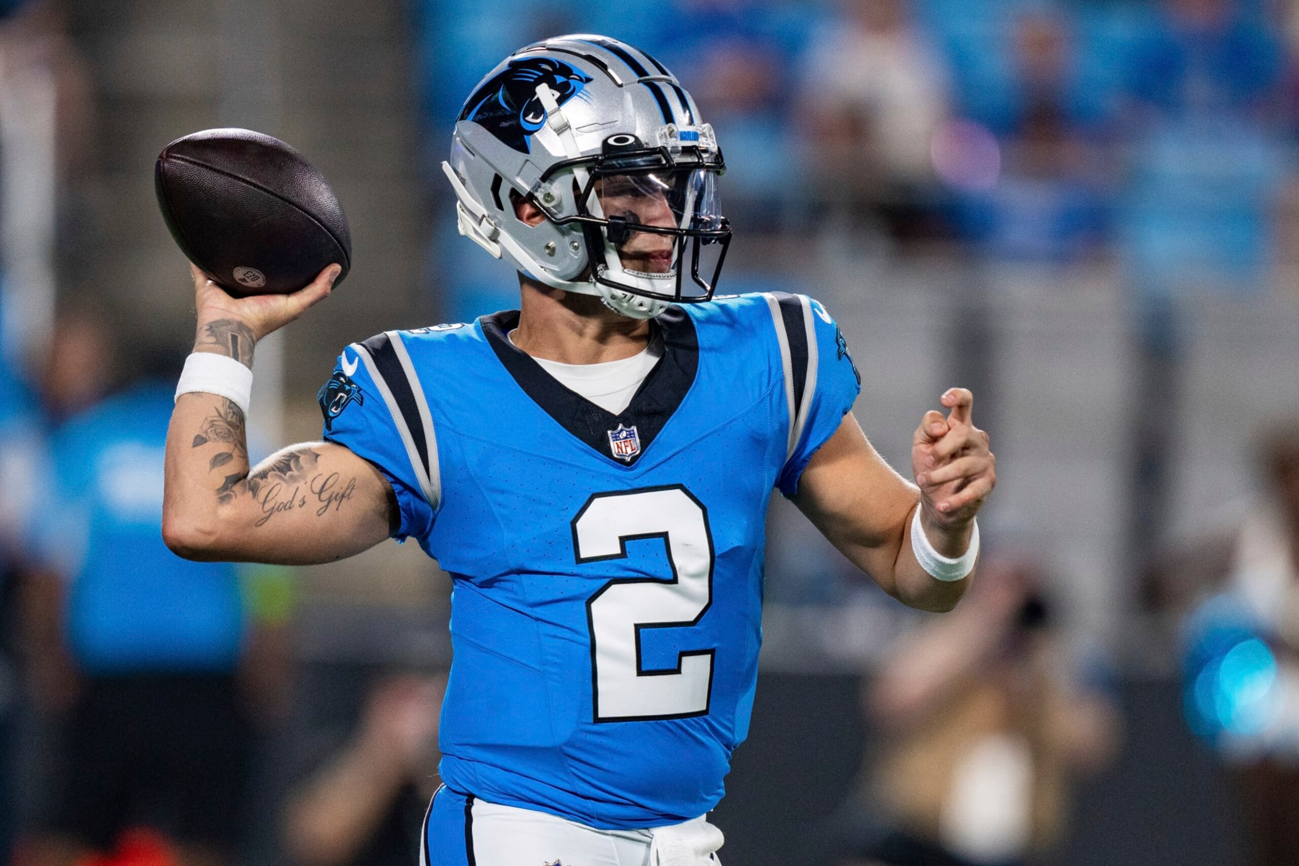 Carolina Panthers quarterback Matt Corral (2) passes the ball against the Detroit Lions during a preseason NFL football game Friday, Aug. 25, 2023, in Charlotte, N.C. (AP Photo/Jacob Kupferman)