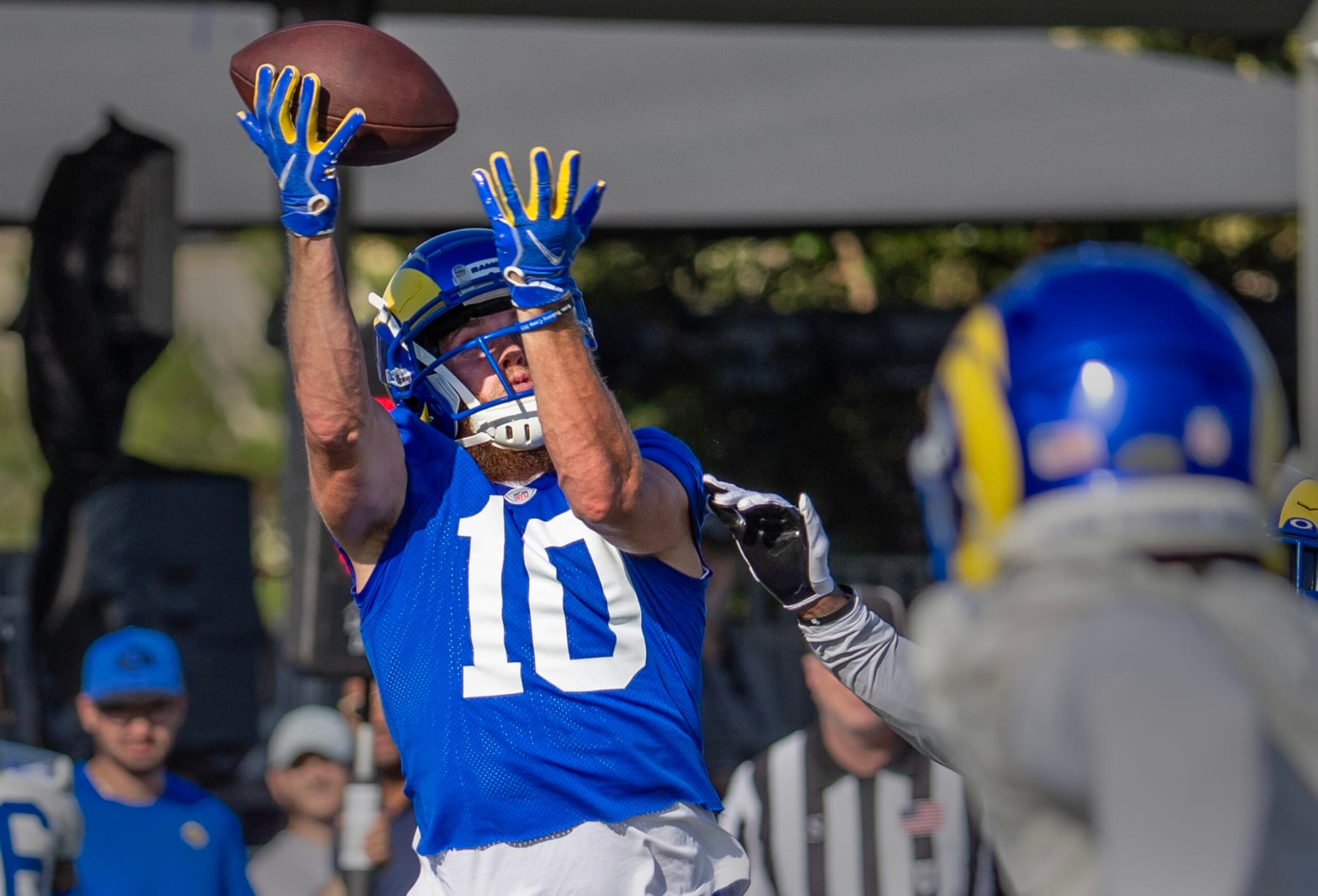 Irvine, CA - July 27:  Rams wide receiver Cooper Kupp hauls in a pass during Rams training camp at UCI in Irvine Thursday, July 27, 2023.  (Allen J. Schaben / Los Angeles Times via Getty Images)