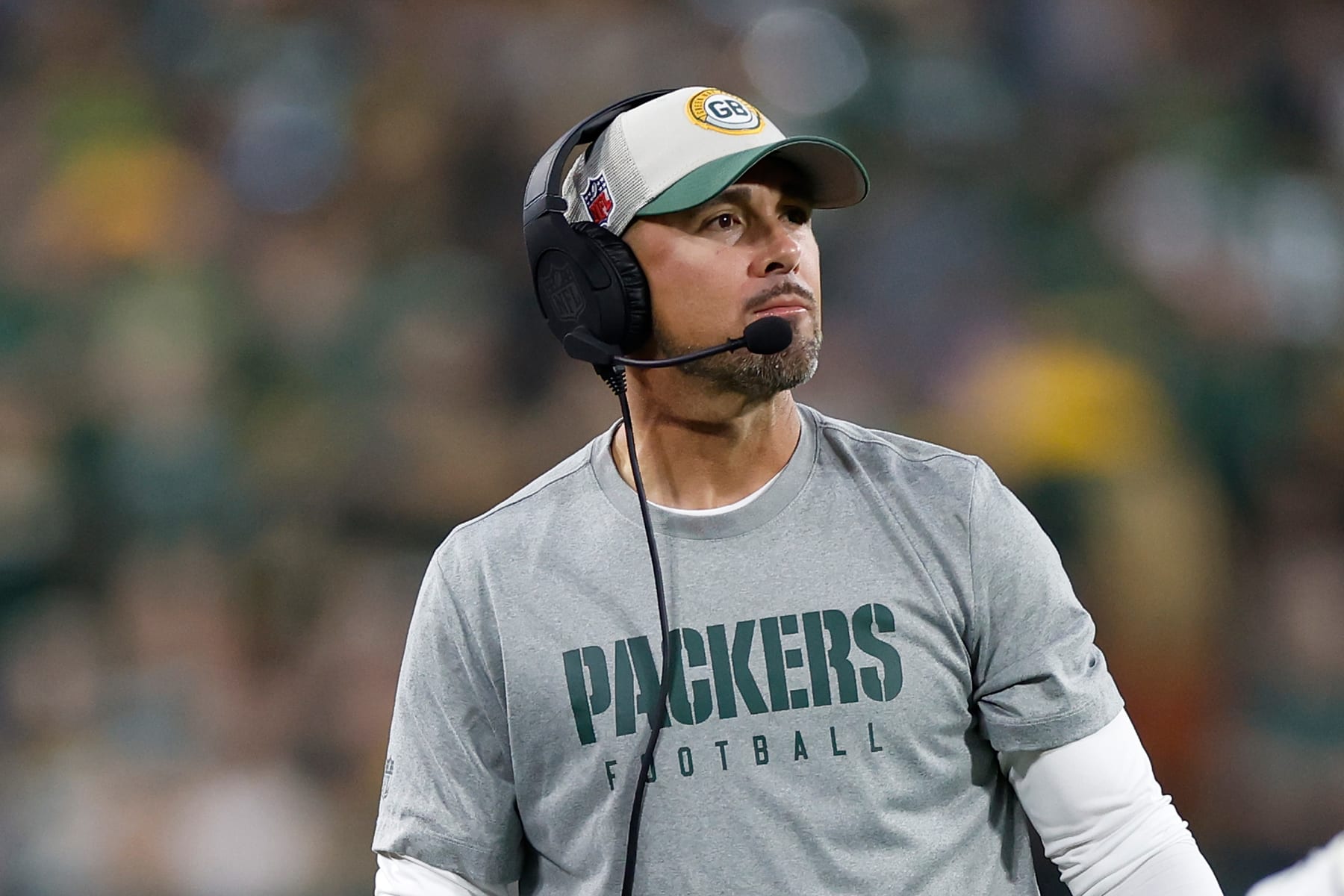 GREEN BAY, WISCONSIN - AUGUST 19: Matt LaFleur head coach of the Green Bay Packers looks on during the first half against the New England Patriots during a preseason game at Lambeau Field on August 19, 2023 in Green Bay, Wisconsin. (Photo by John Fisher/Getty Images)