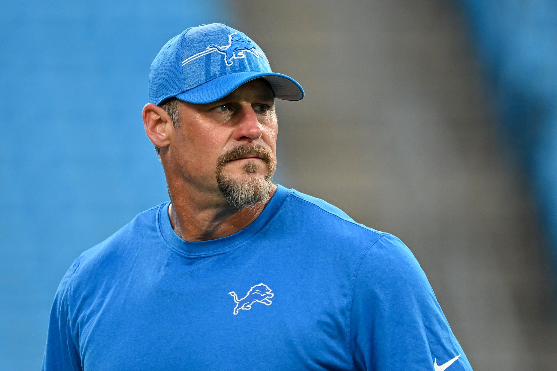 CHARLOTTE, NORTH CAROLINA - AUGUST 25: Head coach Dan Campbell of the Detroit Lions watches his team during a preseason game against the Carolina Panthersat Bank of America Stadium on August 25, 2023 in Charlotte, North Carolina. (Photo by Grant Halverson/Getty Images)
