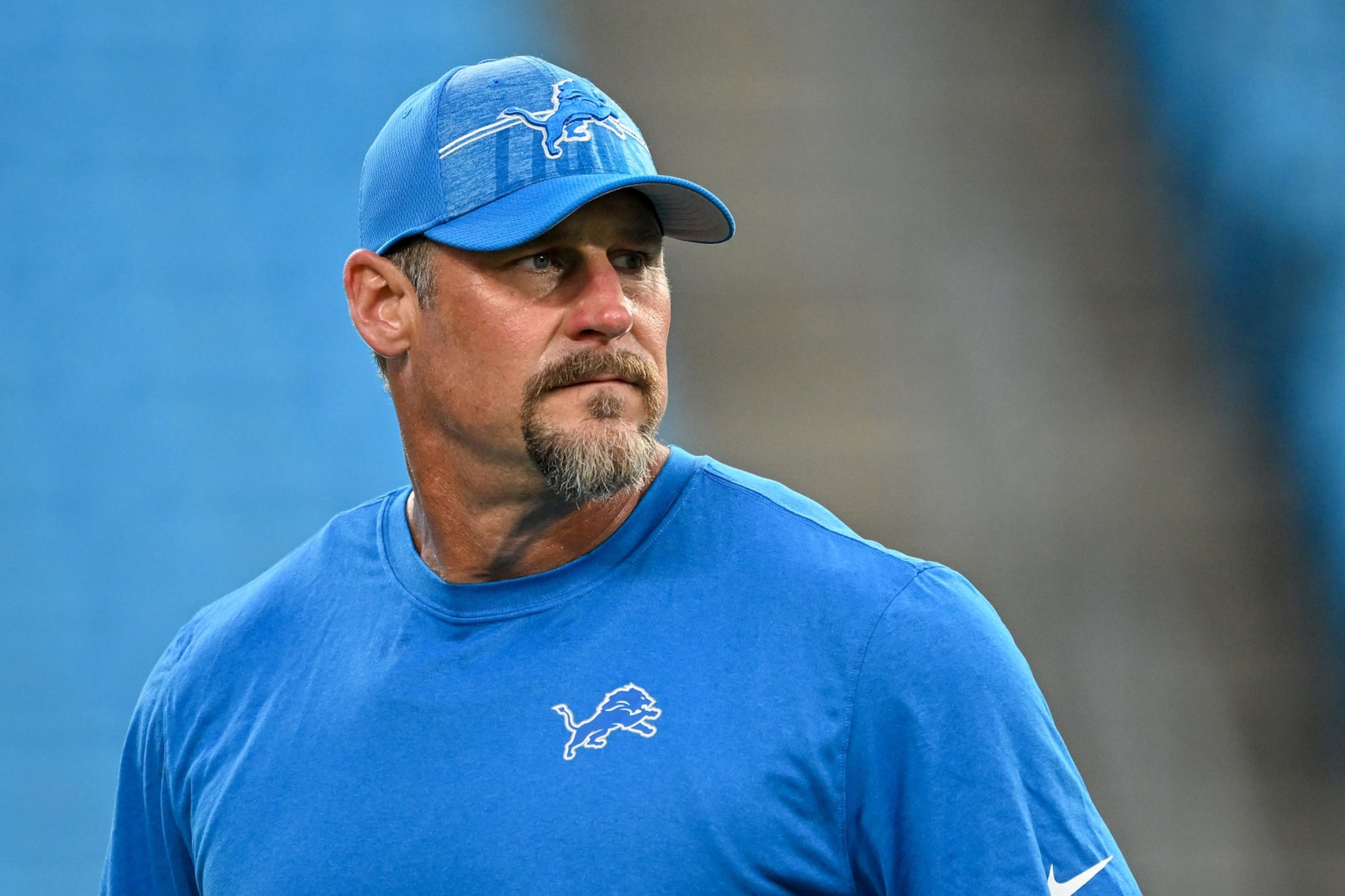 CHARLOTTE, NORTH CAROLINA - AUGUST 25: Head coach Dan Campbell of the Detroit Lions watches his team during a preseason game against the Carolina Panthersat Bank of America Stadium on August 25, 2023 in Charlotte, North Carolina. (Photo by Grant Halverson/Getty Images) CHARLOTTE, NORTH CAROLINA - AUGUST 25: Head coach Dan Campbell of the Detroit Lions watches his team during a preseason game against the Carolina Panthersat Bank of America Stadium on August 25, 2023 in Charlotte, North Carolina. (Photo by Grant Halverson/Getty Images)