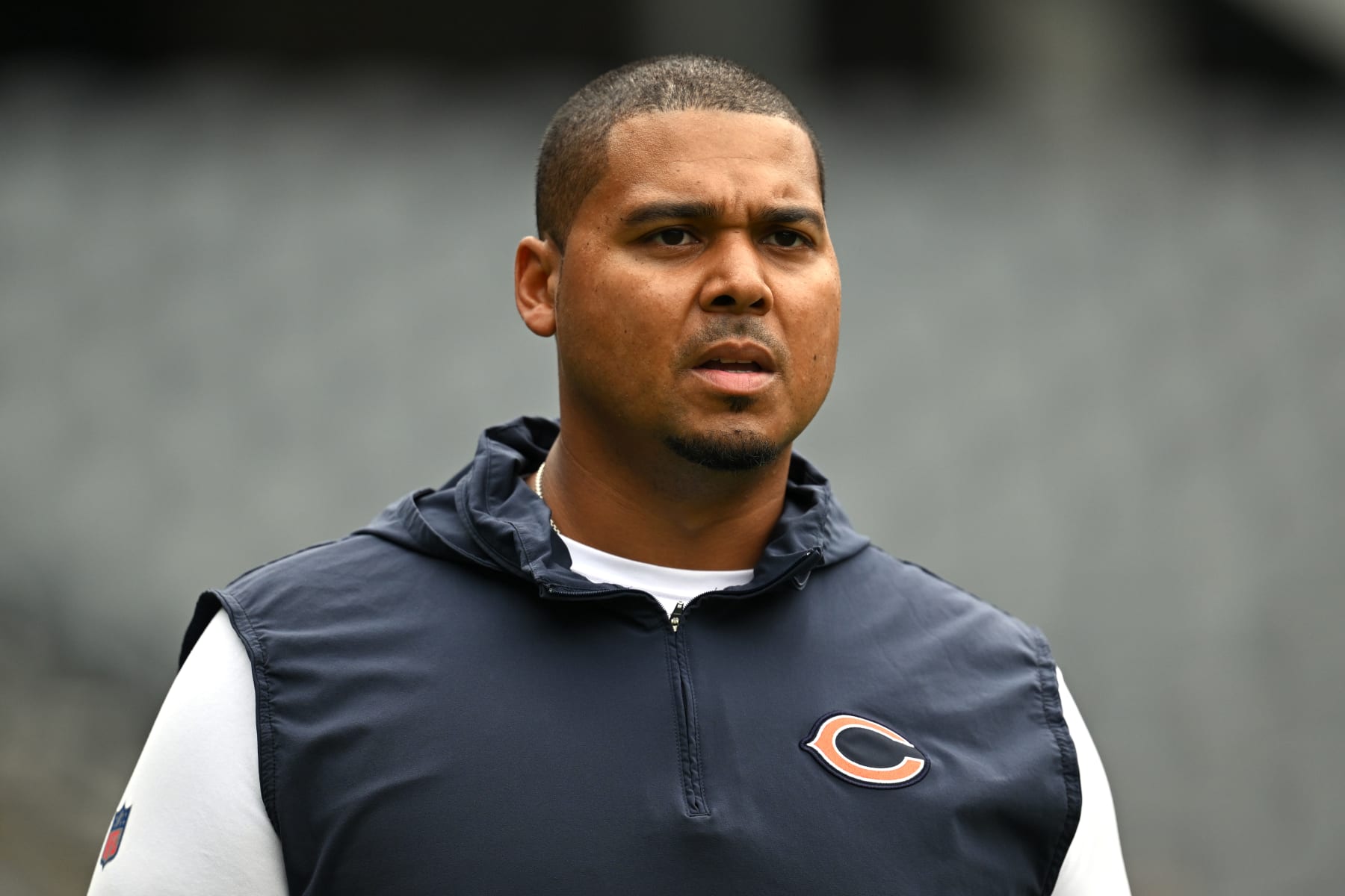 CHICAGO, ILLINOIS - AUGUST 26: : General manager Ryan Poles looks on before a preseason game between the Chicago Bears and the Buffalo Bills at Soldier Field on August 26, 2023 in Chicago, Illinois. (Photo by Quinn Harris/Getty Images)