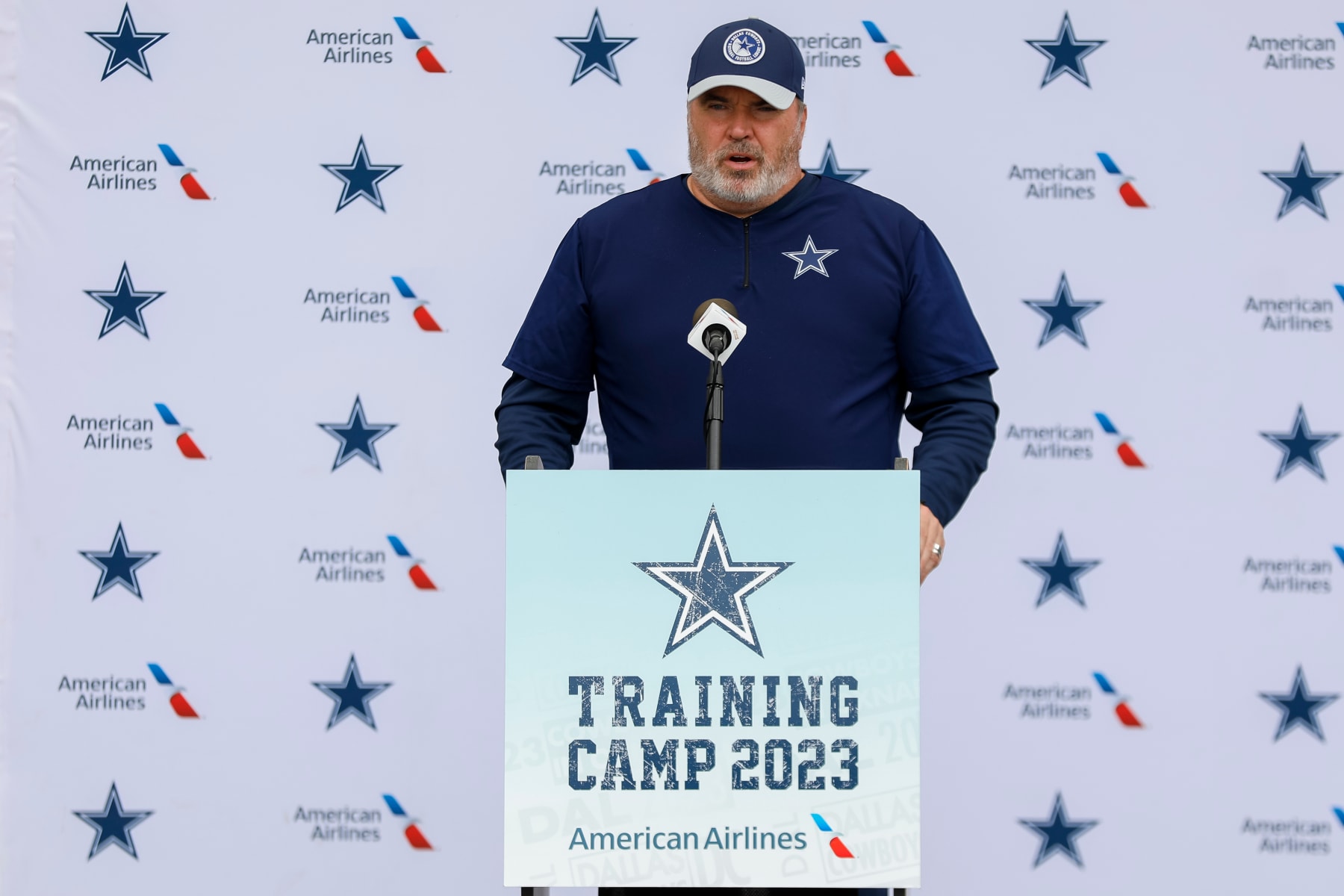 OXNARD, CA - AUGUST 15: Dallas Cowboys head coach Mike McCarthy talks to the media during the team's training camp at Marriott Residence Inn at River Ridge on August 15, 2023, in Oxnard, CA. (Photo by Brandon Sloter/Icon Sportswire via Getty Images)