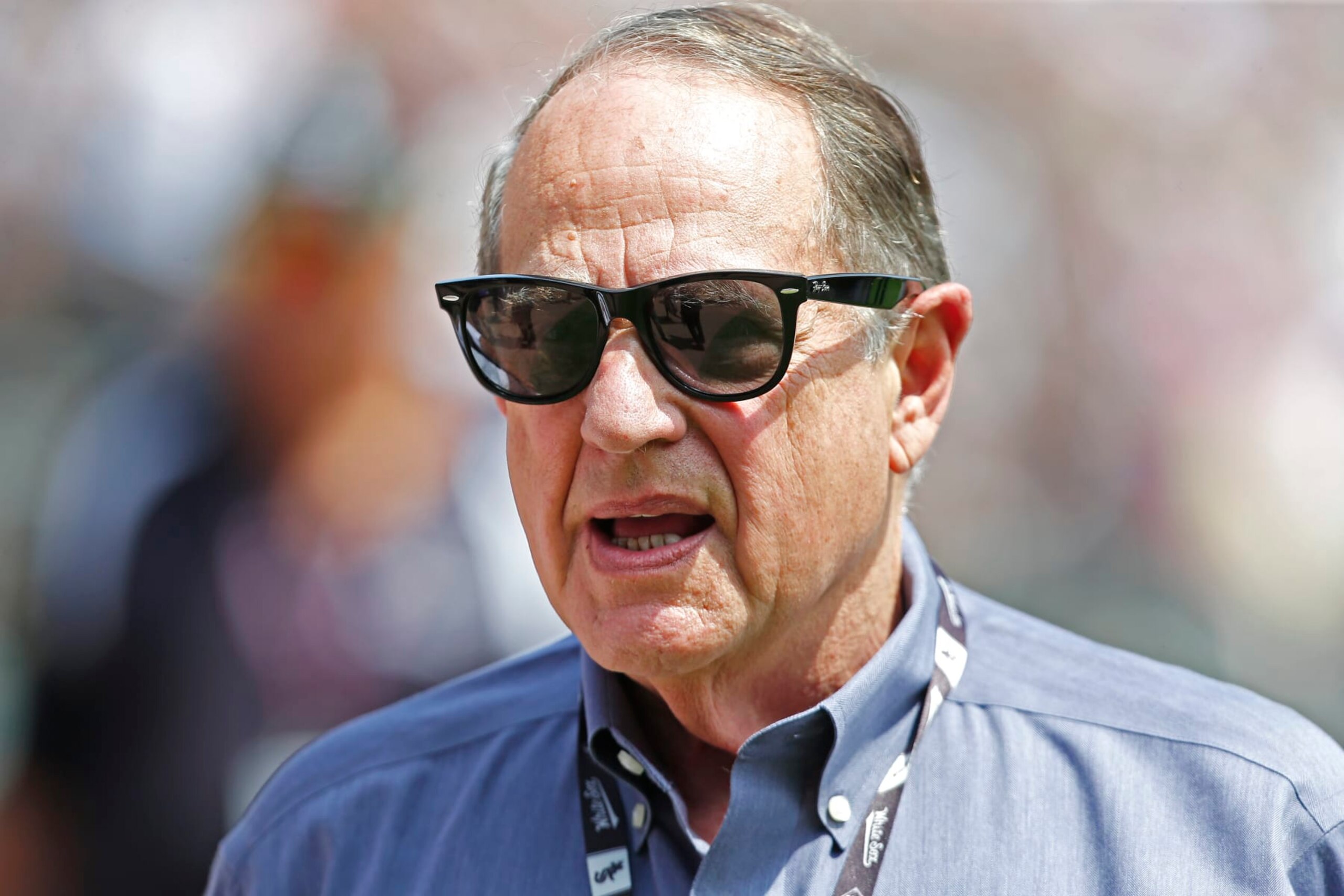 CHICAGO, ILLINOIS - AUGUST 11: Chicago White Sox Chairman Jerry Reinsdorf attended a ceremony honoring former player Harold Baines for his recent induction in the National Baseball Hall of Fame prior to a game between the Chicago White Sox and the Oakland Athletics at Guaranteed Rate Field on August 11, 2019 in Chicago, Illinois. (Photo by Nuccio DiNuzzo/Getty Images)