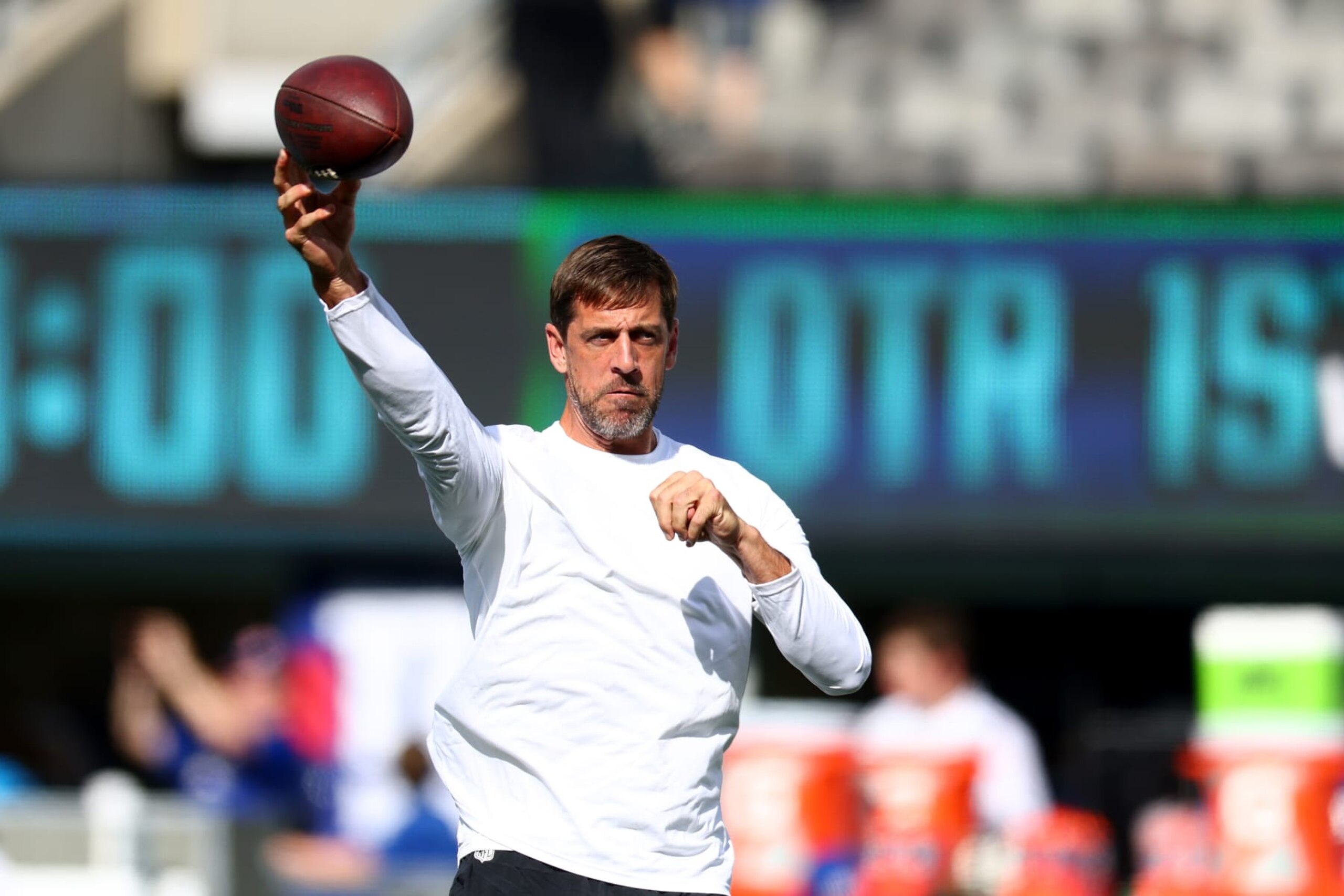 EAST RUTHERFORD, NEW JERSEY - AUGUST 26: Aaron Rodgers #8 of the New York Jets warms up prior to the game against the New York Giants at MetLife Stadium on August 26, 2023 in East Rutherford, New Jersey. (Photo by Mike Stobe/Getty Images)