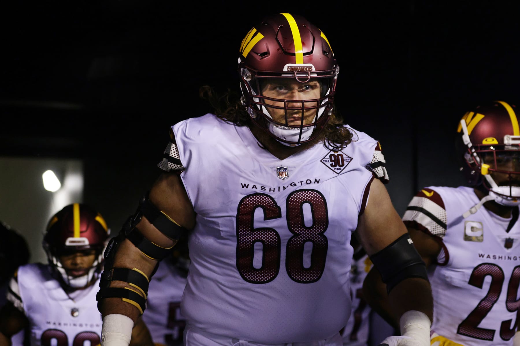 Washington Commanders guard Andrew Norwell (68) walks onto the field before an NFL football game against the Philadelphia Eagles, Monday, Nov. 14, 2022, in Philadelphia. (AP Photo/Rich Schultz)