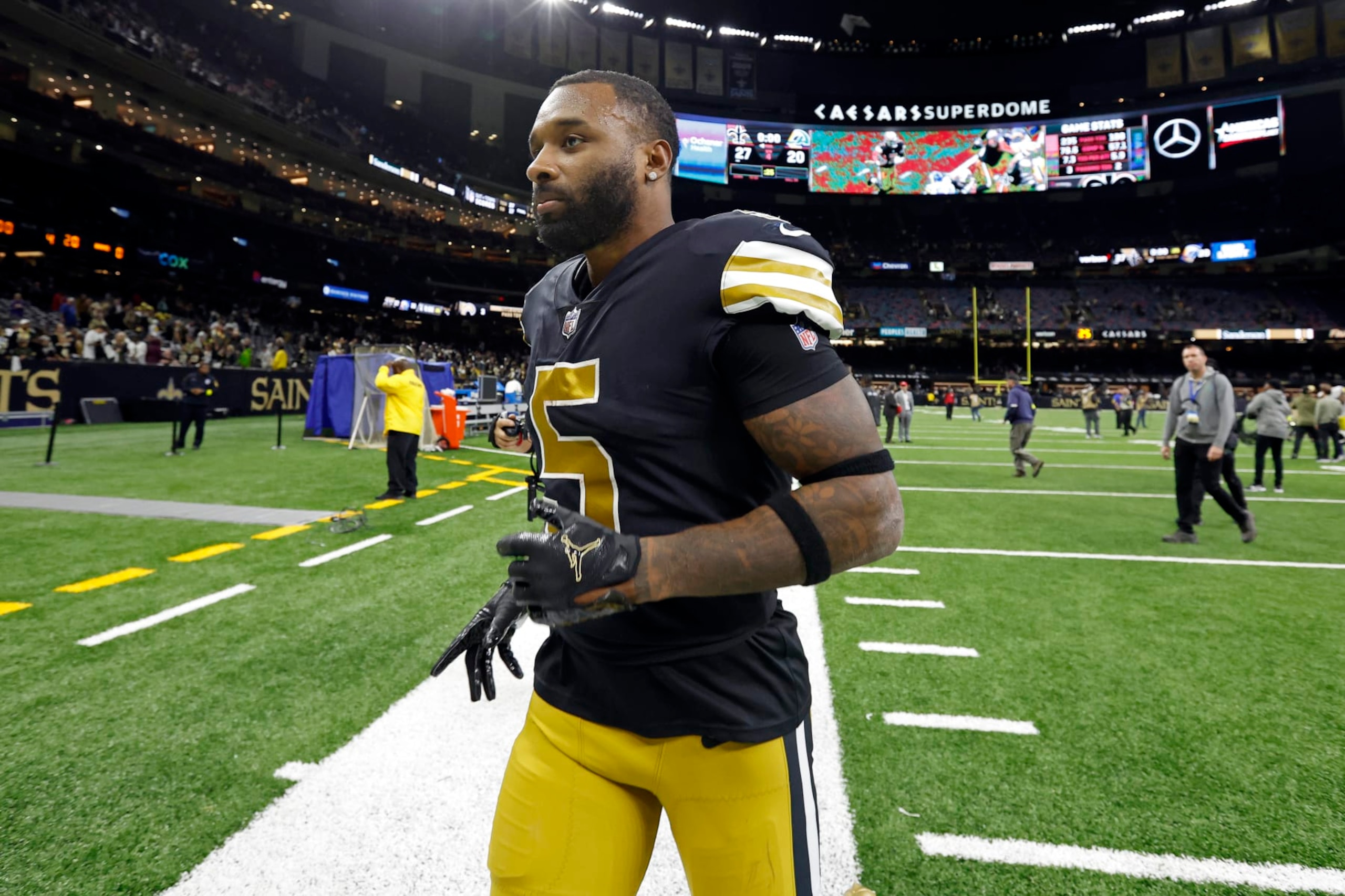 New Orleans Saints wide receiver Jarvis Landry (5) after an NFL football game against the Los Angeles Rams, Sunday, Nov. 20, 2022, in New Orleans. (AP Photo/Tyler Kaufman)