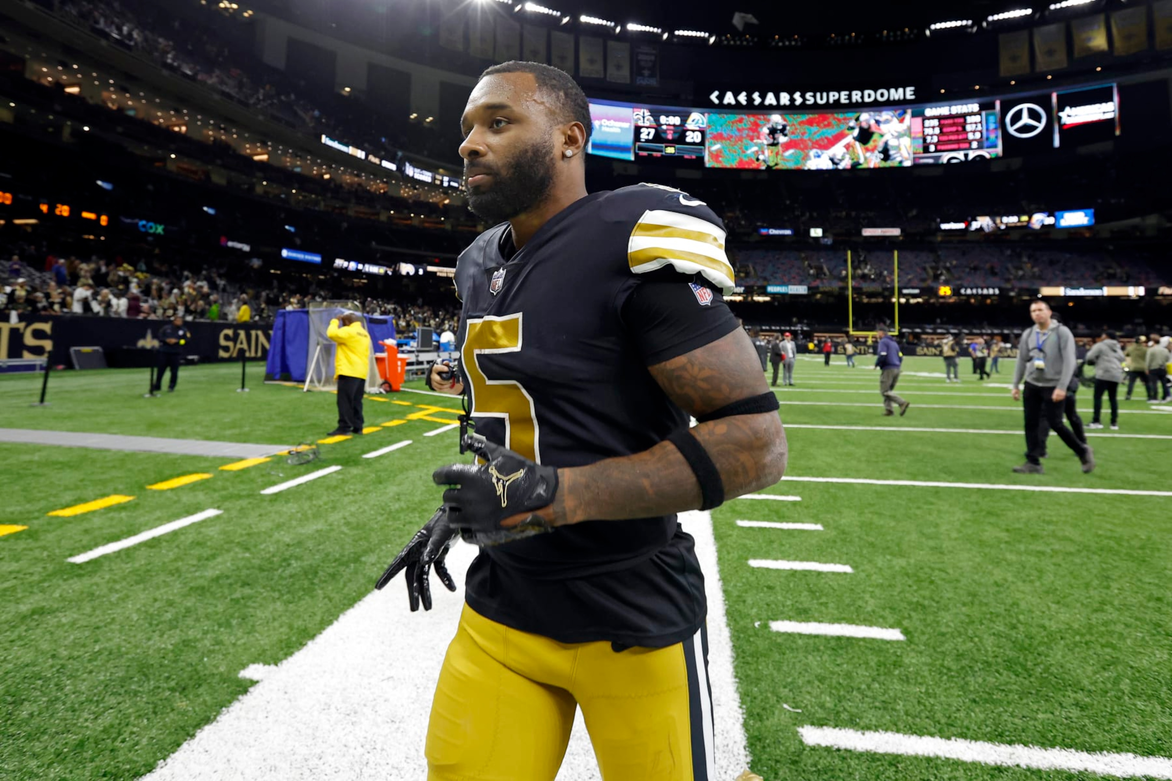New Orleans Saints wide receiver Jarvis Landry (5) after an NFL football game against the Los Angeles Rams, Sunday, Nov. 20, 2022, in New Orleans. (AP Photo/Tyler Kaufman)
