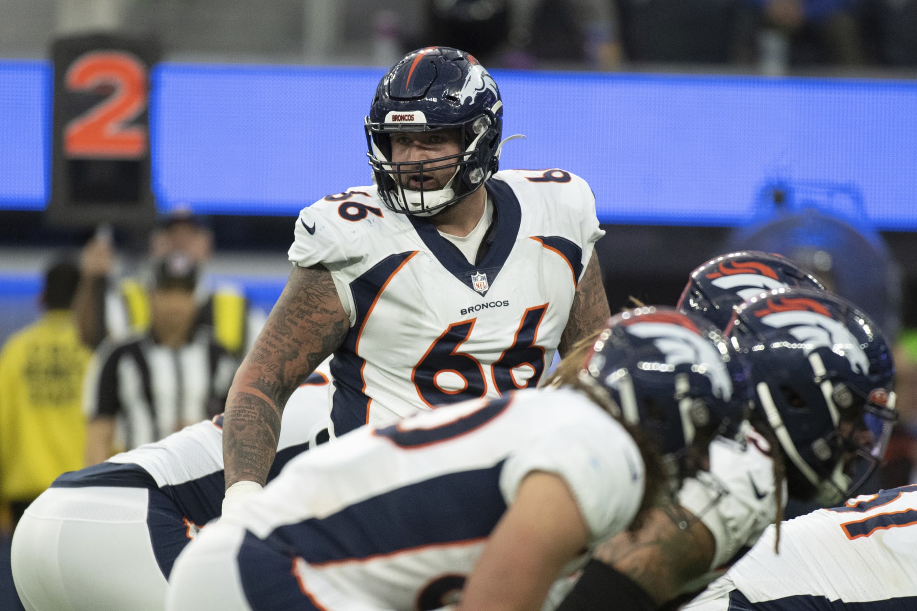 Denver Broncos guard Dalton Risner (66) looks during an NFL football game against the Los Angeles Rams, Sunday, Dec. 25, 2022, in Inglewood, Calif. (AP Photo/Kyusung Gong)
