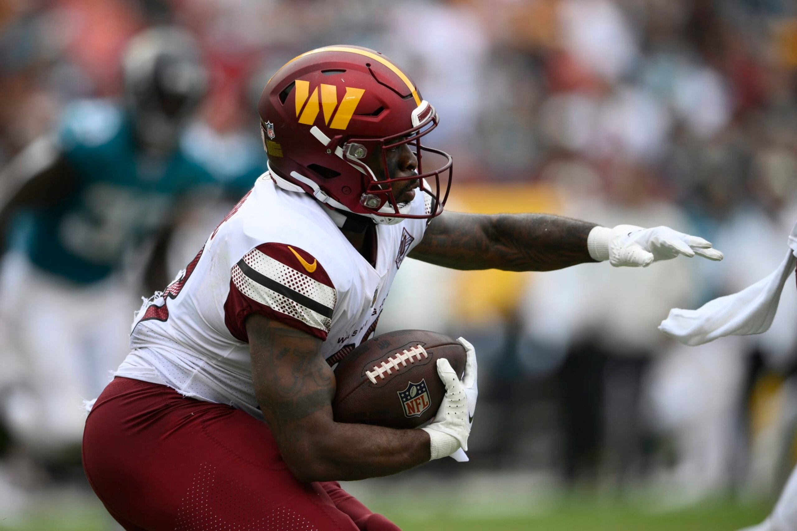 Washington Commanders running back J.D. McKissic (23) in action during the second half of a NFL football game against the Jacksonville Jaguars, Sunday, Sept. 11, 2022, in Landover, Md. (AP Photo/Nick Wass)