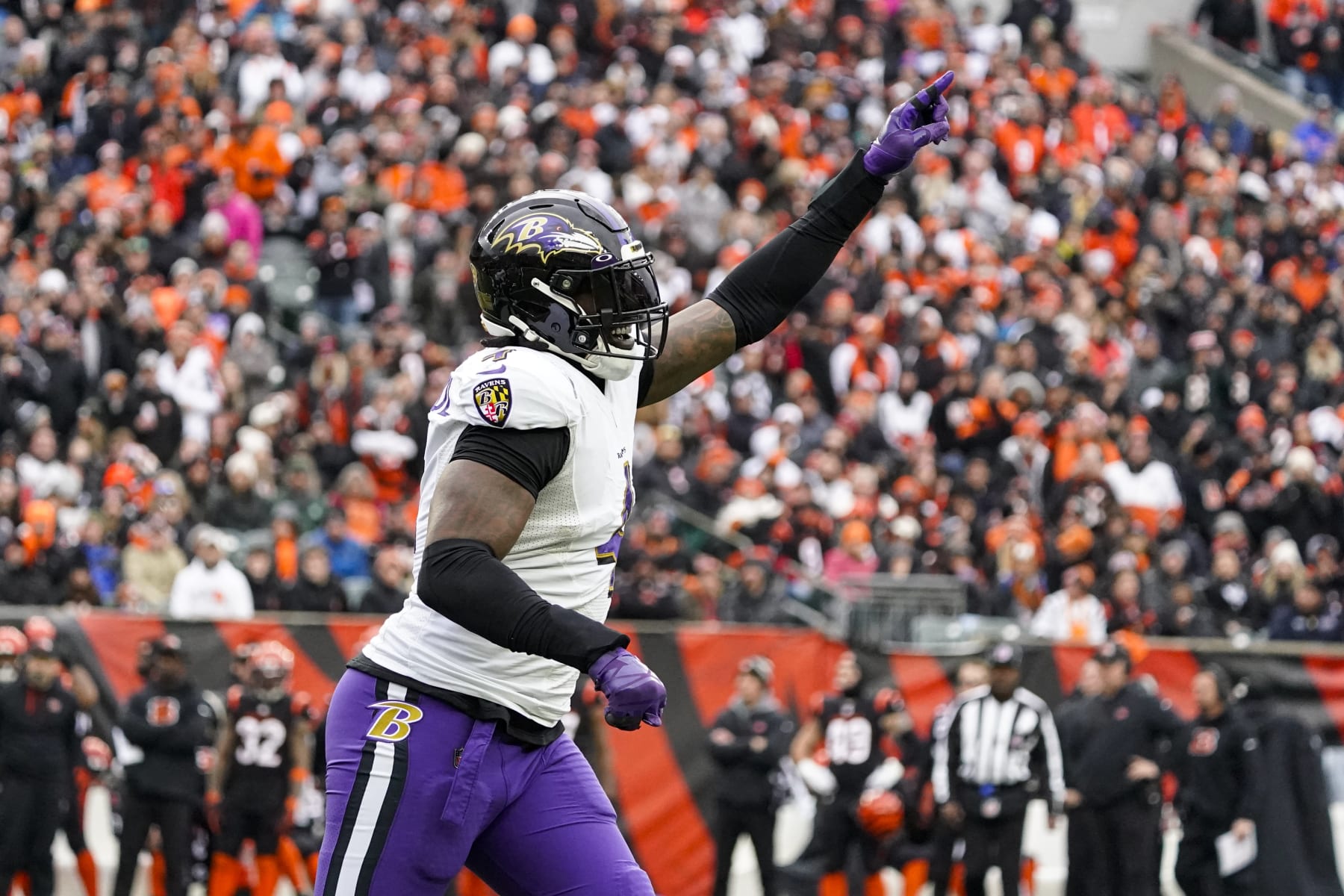 Baltimore Ravens linebacker Jason Pierre-Paul (4) celebrates after the Ravens recovered a fumble against the Cincinnati Bengals in the second half of an NFL football game in Cincinnati, Sunday, Jan. 8, 2023. (AP Photo/Joshua A. Bickel)