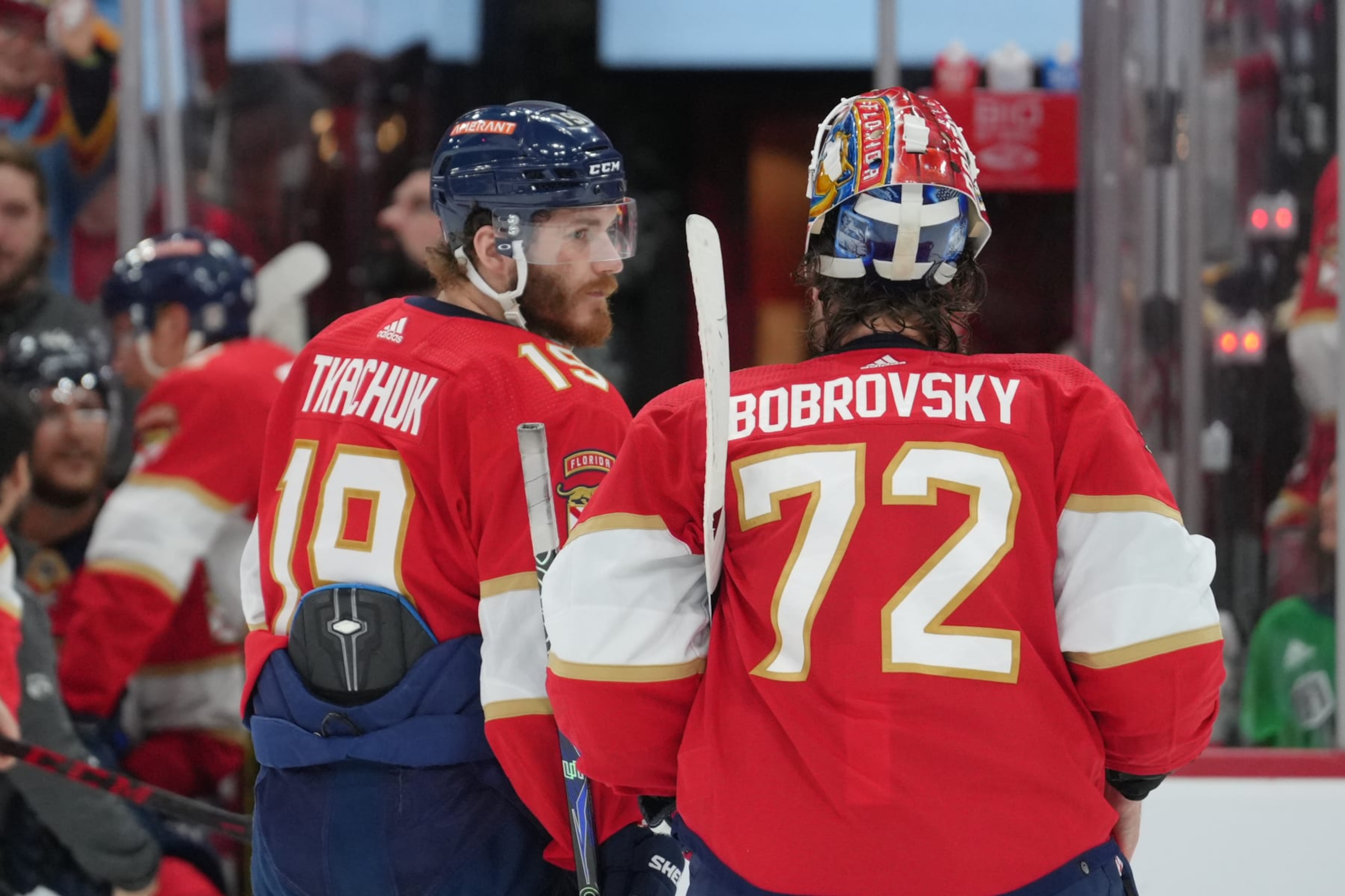 SUNRISE, FL - JUNE 10: Florida Panthers left wing Matthew Tkachuk (19) talks with Florida Panthers goaltender Sergei Bobrovsky (72) late in the third period during game four of the Stanley Cup Finals between the Vegas Golden Knights and the Florida Panthers on Saturday, June 10, 2023 at FLA Live Arena, Sunrise, Fla. (Photo by Peter Joneleit/Icon Sportswire via Getty Images)