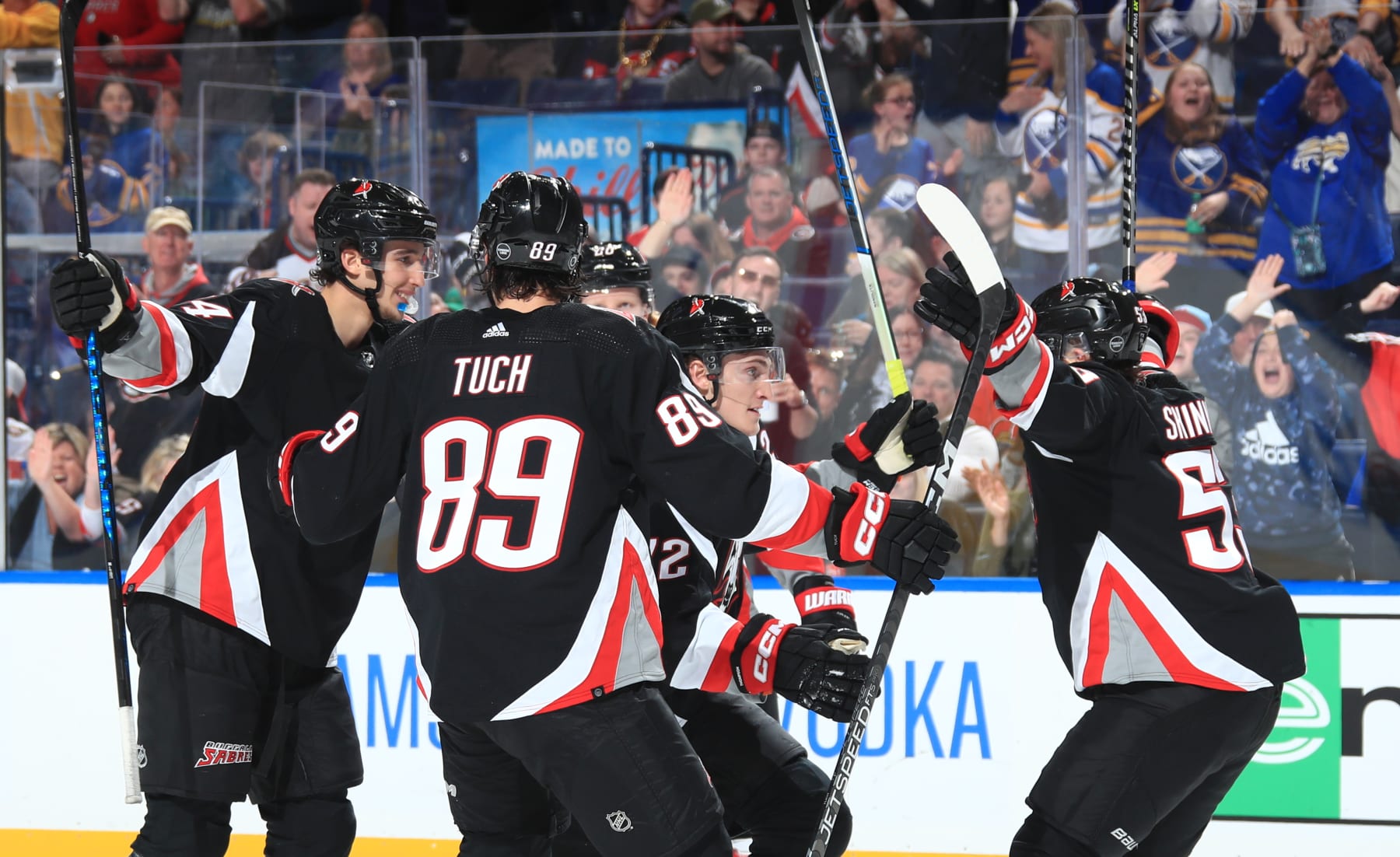 BUFFALO, NY - APRIL 13: Tage Thompson #72 of the Buffalo Sabres celebrates his third period goal against the Ottawa Senators with Dylan Cozens #24, Alex Tuch #89, Rasmus Dahlin #26 and Jeff Skinner #53 of the Buffalo Sabres during an NHL game on April 13, 2023 at KeyBank Center in Buffalo, New York. (Photo by Bill Wippert/NHLI via Getty Images)