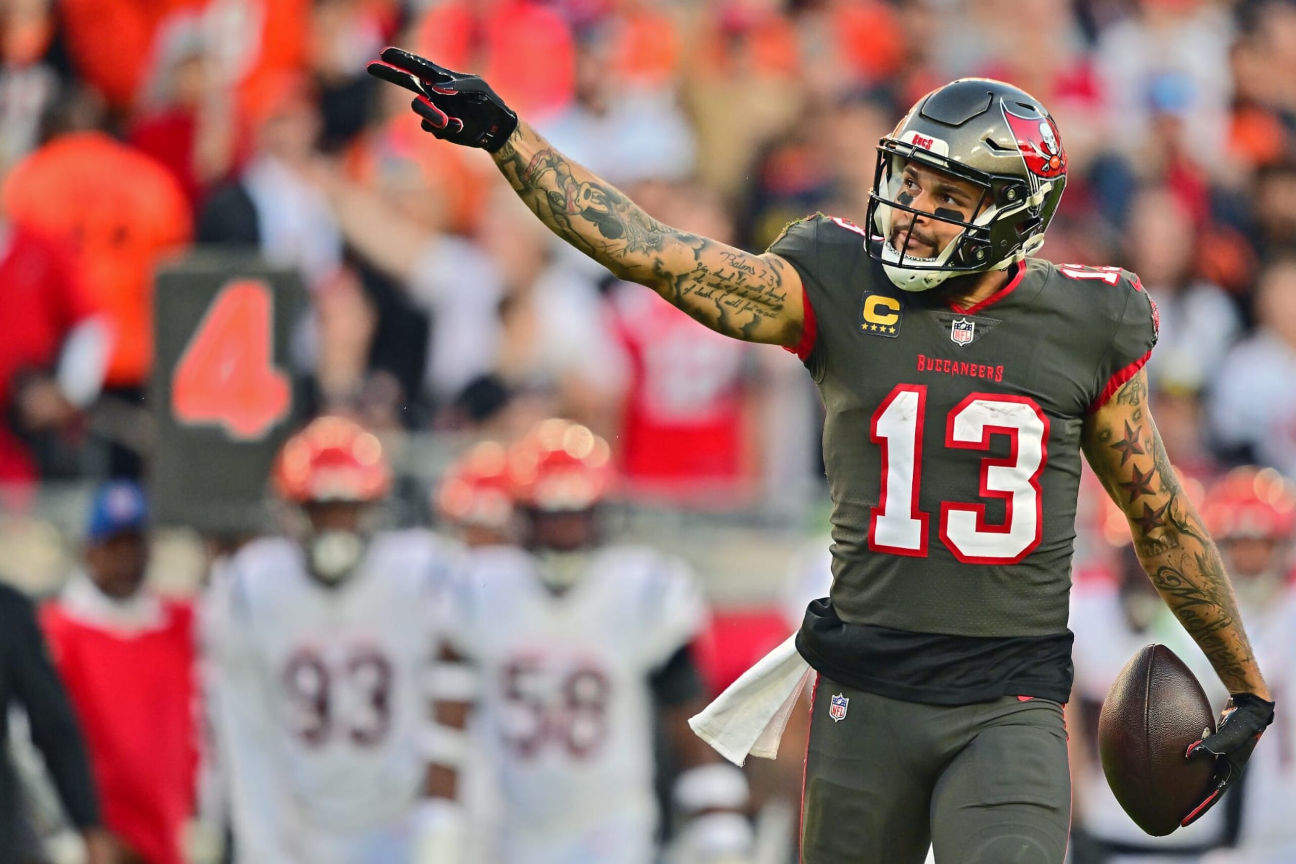 TAMPA, FLORIDA - DECEMBER 18: Mike Evans #13 of the Tampa Bay Buccaneers celebrates a first down during the first quarter in the game against the Cincinnati Bengals at Raymond James Stadium on December 18, 2022 in Tampa, Florida. (Photo by Julio Aguilar/Getty Images)