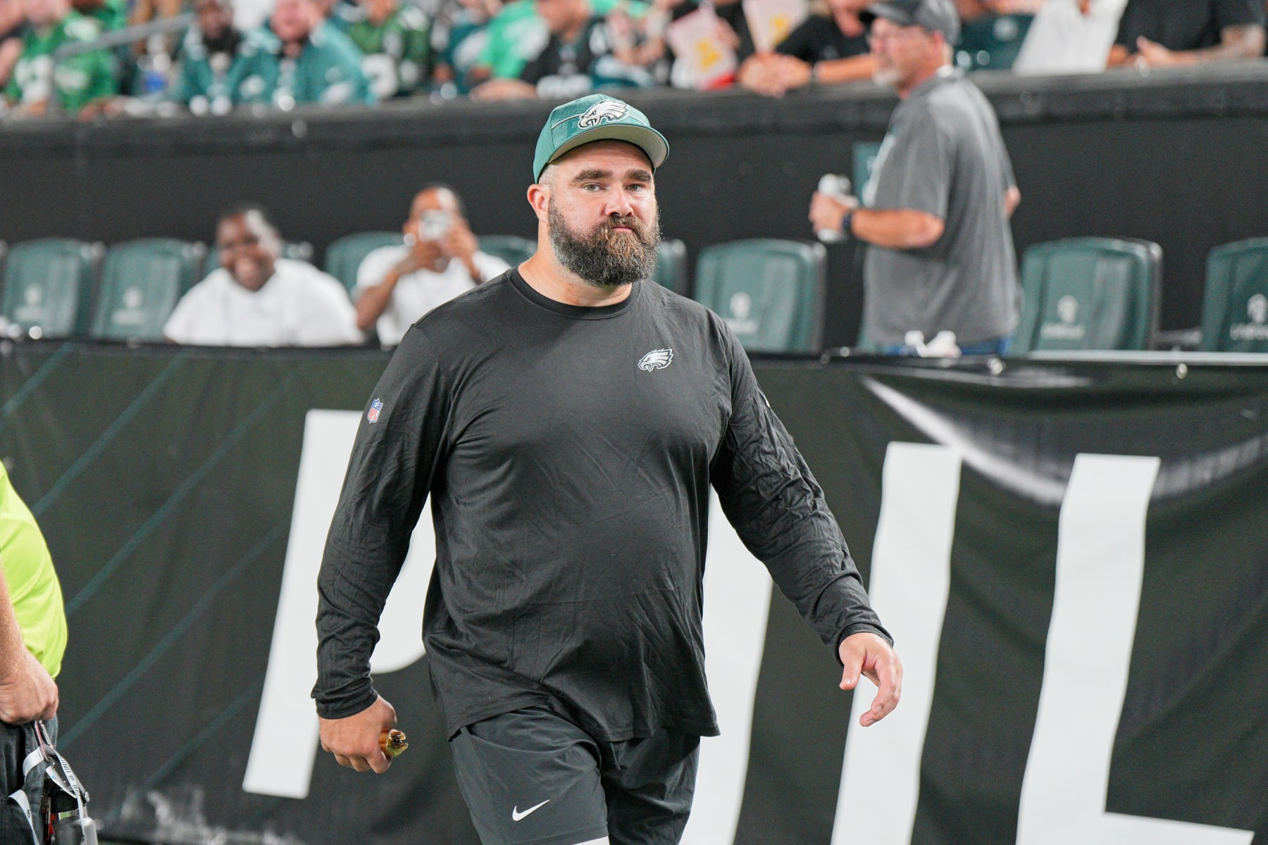 PHILADELPHIA, PA - AUGUST 17: Philadelphia Eagles center Jason Kelce (62) looks on during the preseason game between the Cleveland Browns and the Philadelphia Eagles on August 17, 2023, at Lincoln Financial Field in Philadelphia, PA. (Photo by Andy Lewis/Icon Sportswire via Getty Images)