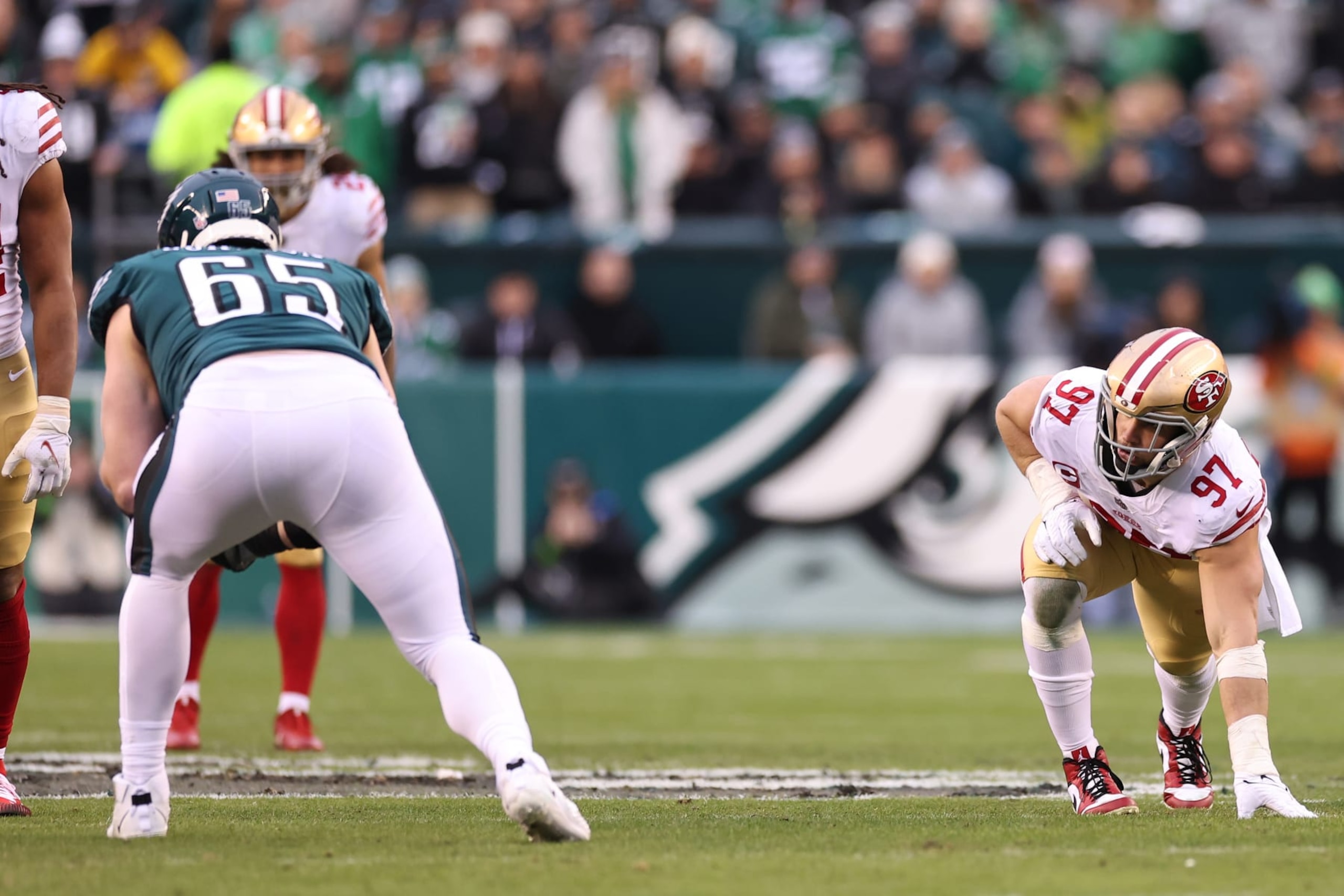 PHILADELPHIA, PENNSYLVANIA - JANUARY 29: Nick Bosa #97 of the San Francisco 49ers lines up against the Philadelphia Eagles during the second quarter in the NFC Championship Game at Lincoln Financial Field on January 29, 2023 in Philadelphia, Pennsylvania. (Photo by Tim Nwachukwu/Getty Images)
