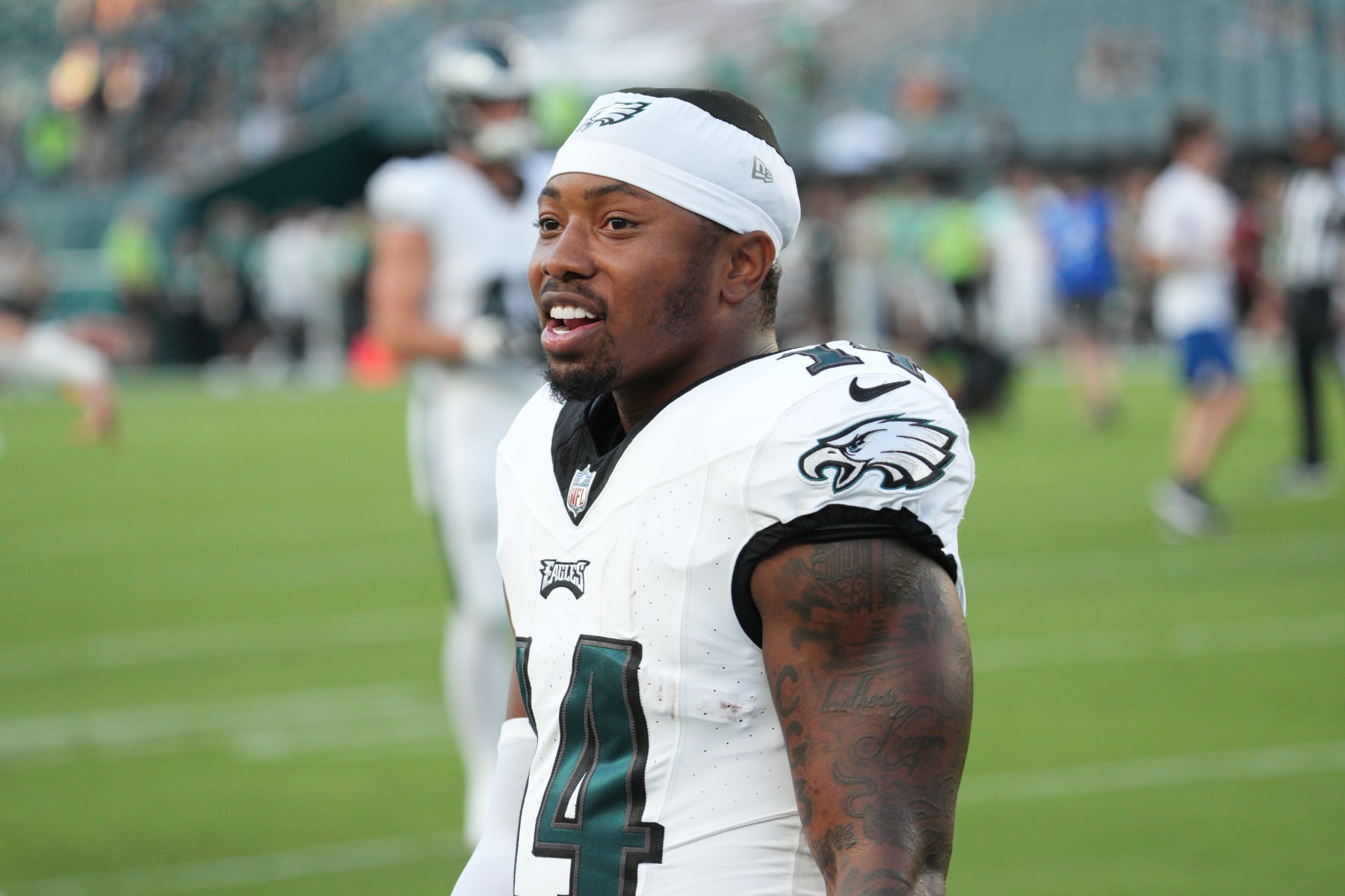 PHILADELPHIA, PA - AUGUST 17: Philadelphia Eagles running back Kenneth Gainwell (14) looks on during the preseason game between the Cleveland Browns and the Philadelphia Eagles on August 17, 2023, at Lincoln Financial Field in Philadelphia, PA. (Photo by Andy Lewis/Icon Sportswire via Getty Images)