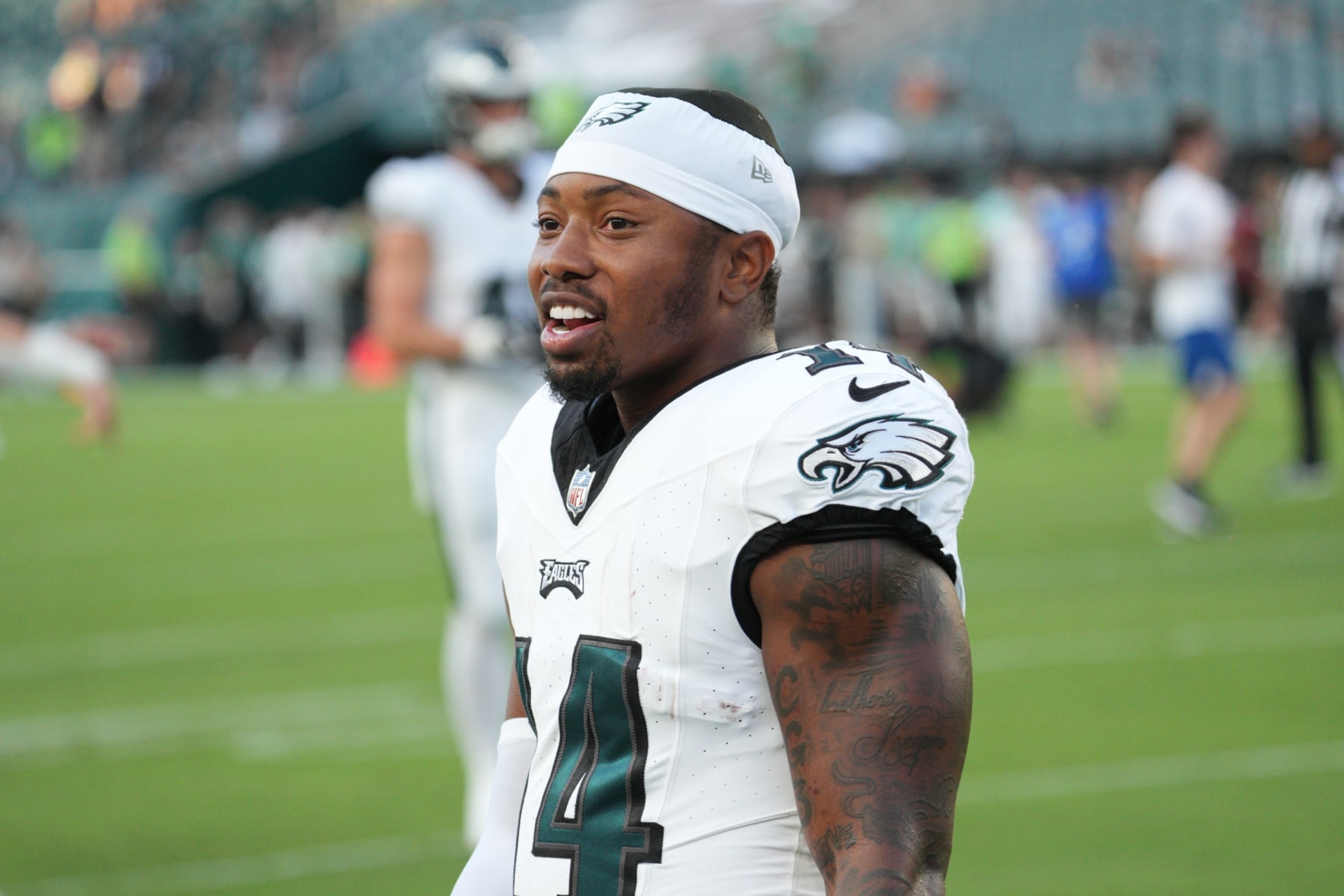 PHILADELPHIA, PA - AUGUST 17: Philadelphia Eagles running back Kenneth Gainwell (14) looks on during the preseason game between the Cleveland Browns and the Philadelphia Eagles on August 17, 2023, at Lincoln Financial Field in Philadelphia, PA. (Photo by Andy Lewis/Icon Sportswire via Getty Images)