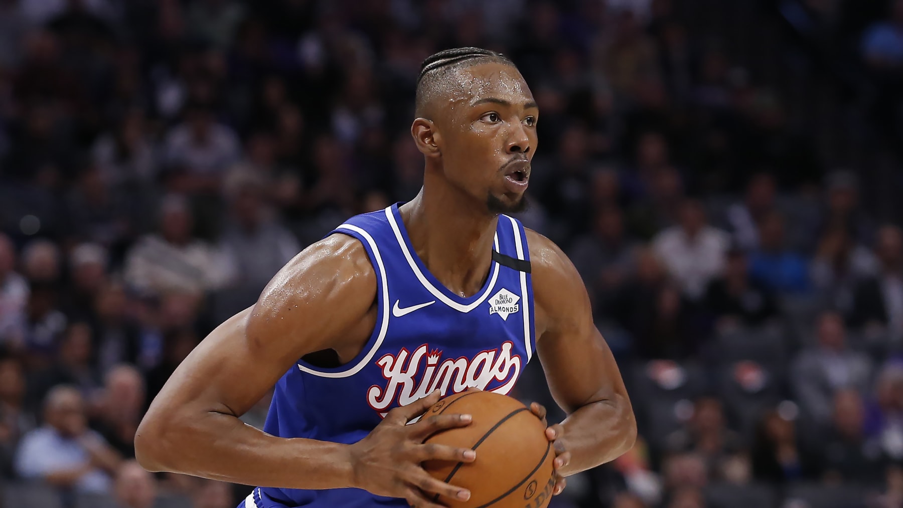 Sacramento Kings forward Harry Giles III looks to pass during the second half of an NBA basketball game against the Philadelphia 76ers in Sacramento, Calif., Thursday, March 5, 2020. The 76ers won 125-108. (AP Photo/Rich Pedroncelli)