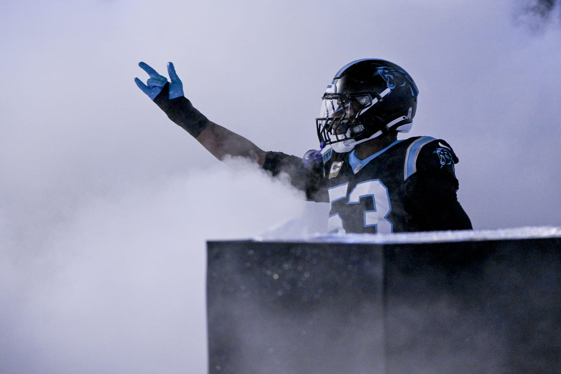 CHARLOTTE, NORTH CAROLINA - NOVEMBER 10: Brian Burns #53 of the Carolina Panthers runs onto the field before his game against the Atlanta Falcons at Bank of America Stadium on November 10, 2022 in Charlotte, North Carolina. (Photo by Grant Halverson/Getty Images)