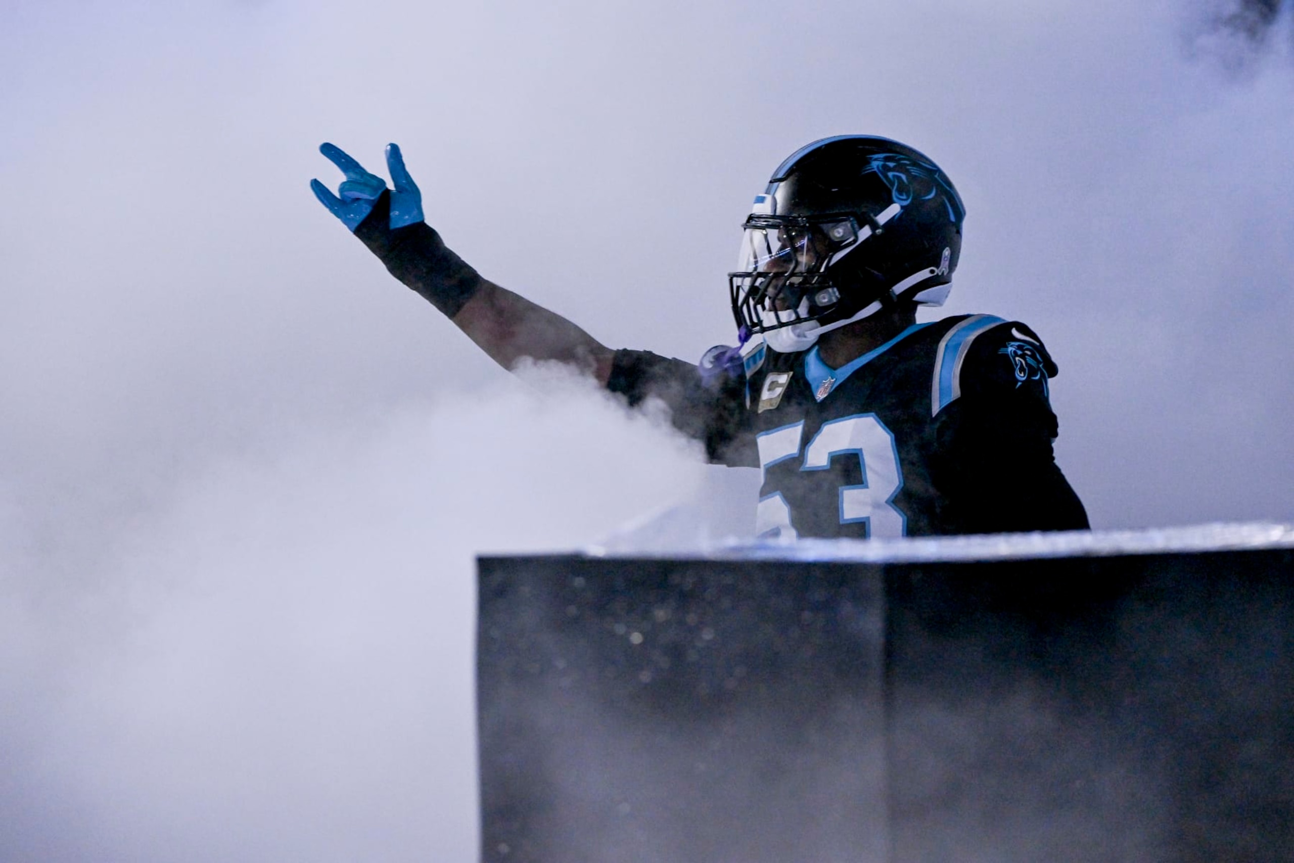 CHARLOTTE, NORTH CAROLINA - NOVEMBER 10: Brian Burns #53 of the Carolina Panthers runs onto the field before his game against the Atlanta Falcons at Bank of America Stadium on November 10, 2022 in Charlotte, North Carolina. (Photo by Grant Halverson/Getty Images)